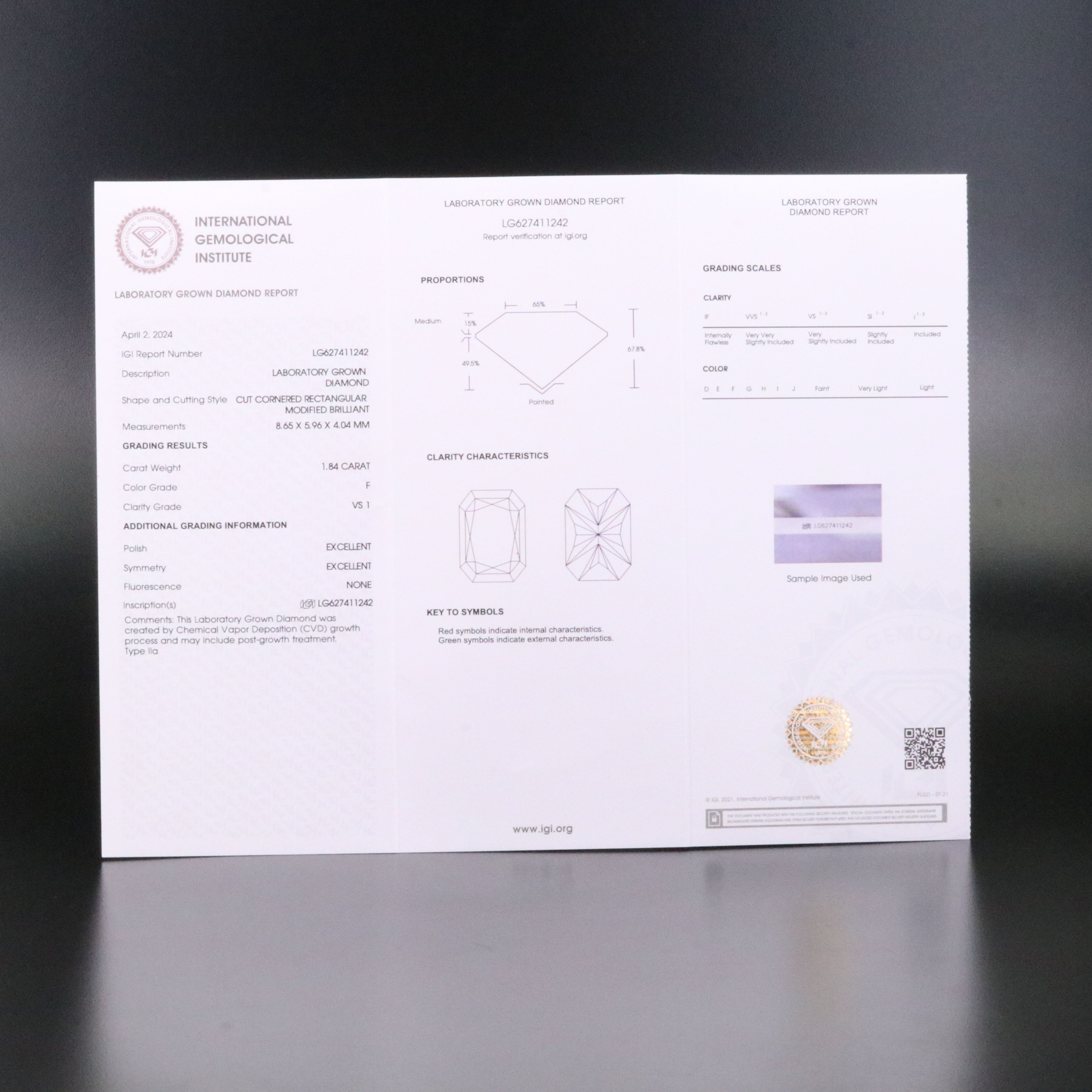 Loose 1.84 CT Lab Grown Diamond with IGI Report