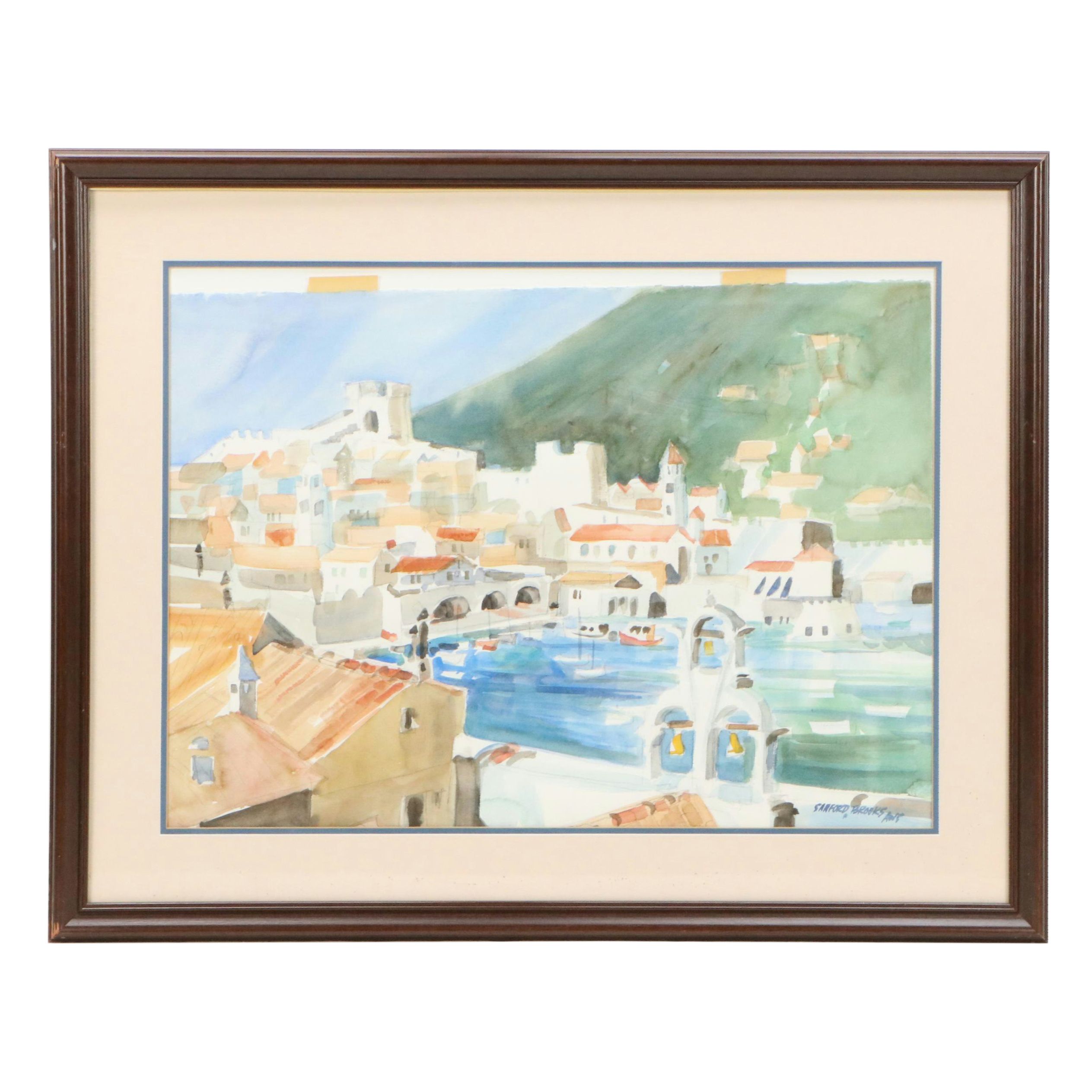 Sanford Brooks Watercolor Painting Mediterranean Coastal Town, Mid-20th Century