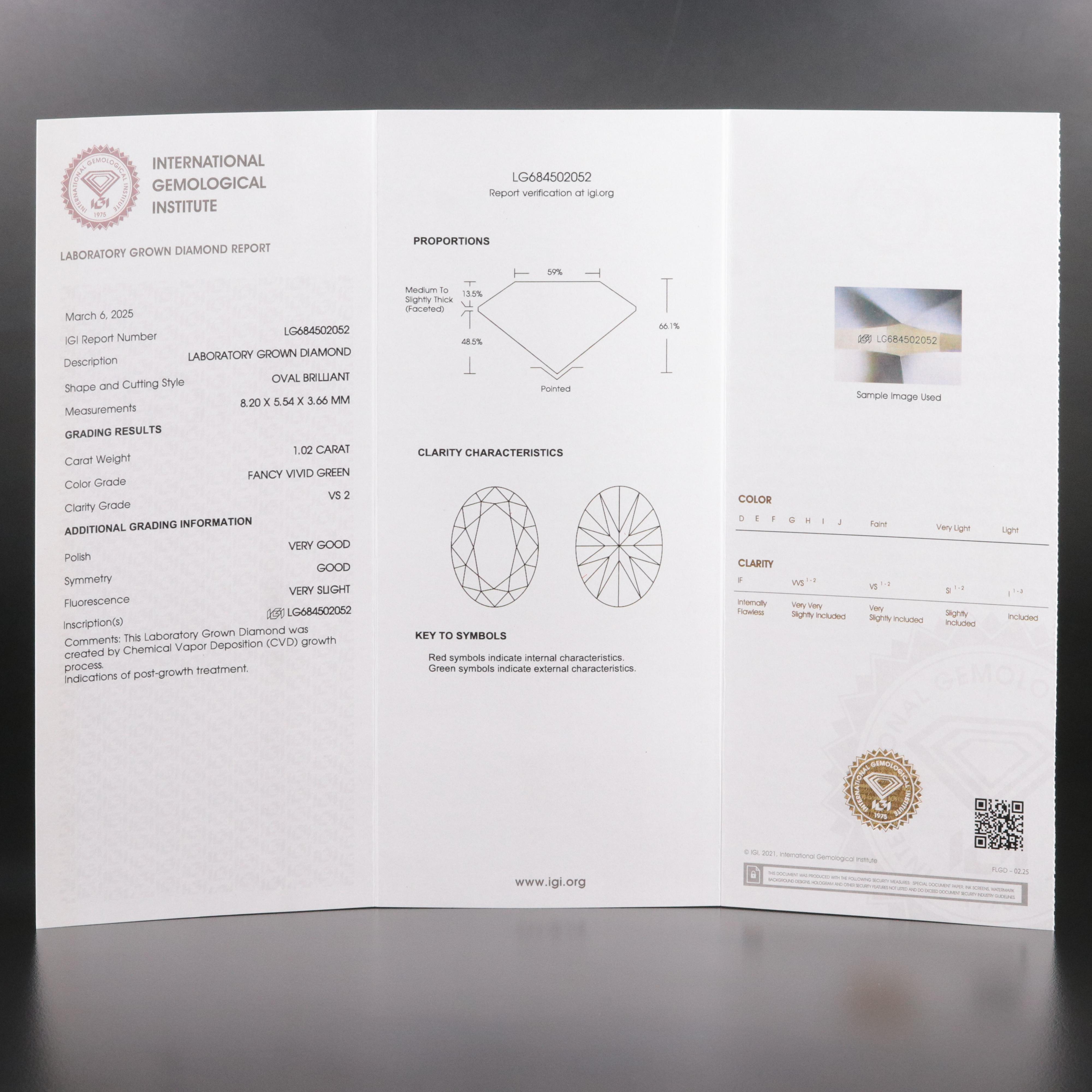 Loose 1.02 CT Lab Grown Fancy Green Diamond with IGI Report