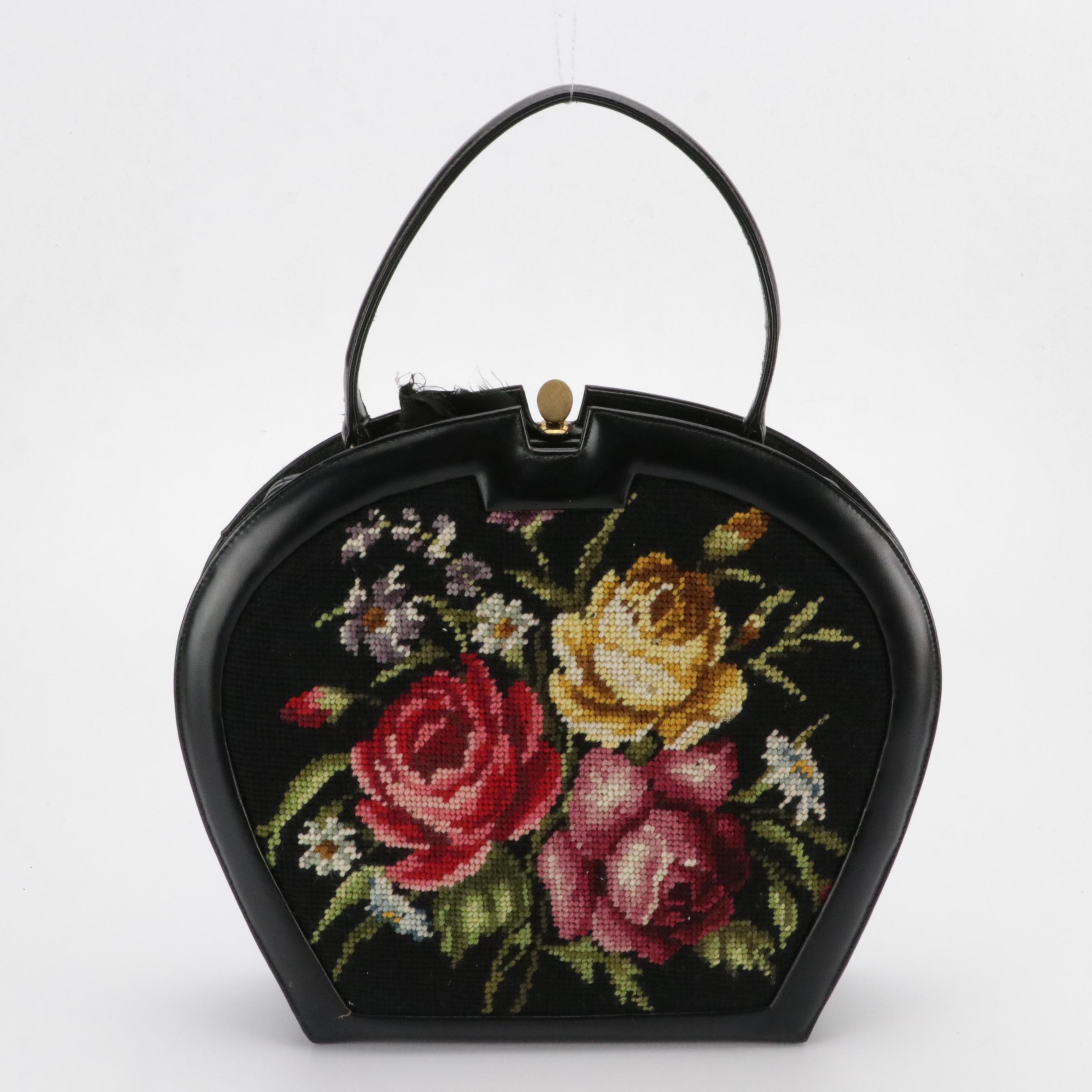 Caprice and HL Black Floral Needlepoint & Leather Handbag W/ Other Evening Bags