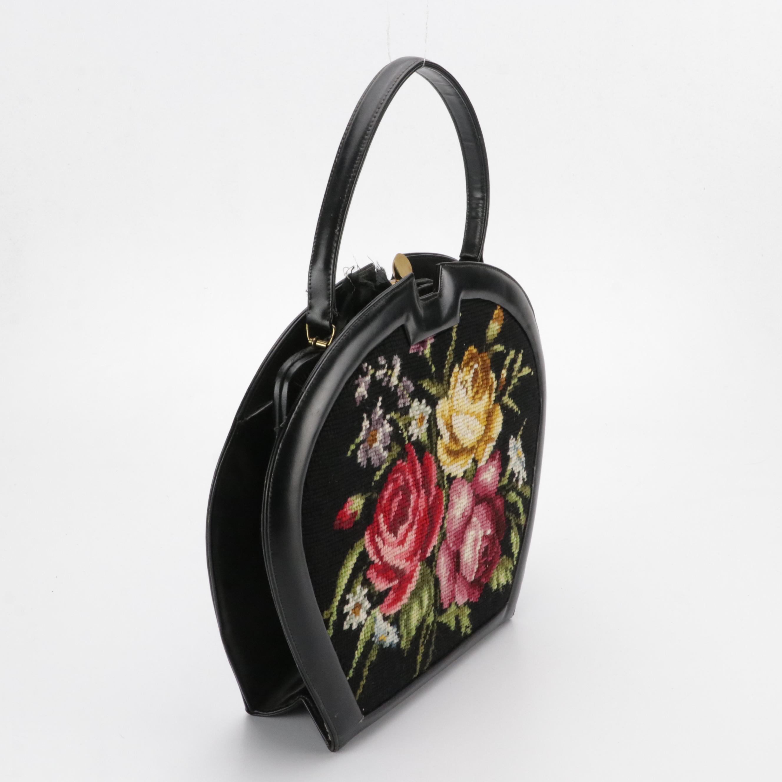 Caprice and HL Black Floral Needlepoint & Leather Handbag W/ Other Evening Bags