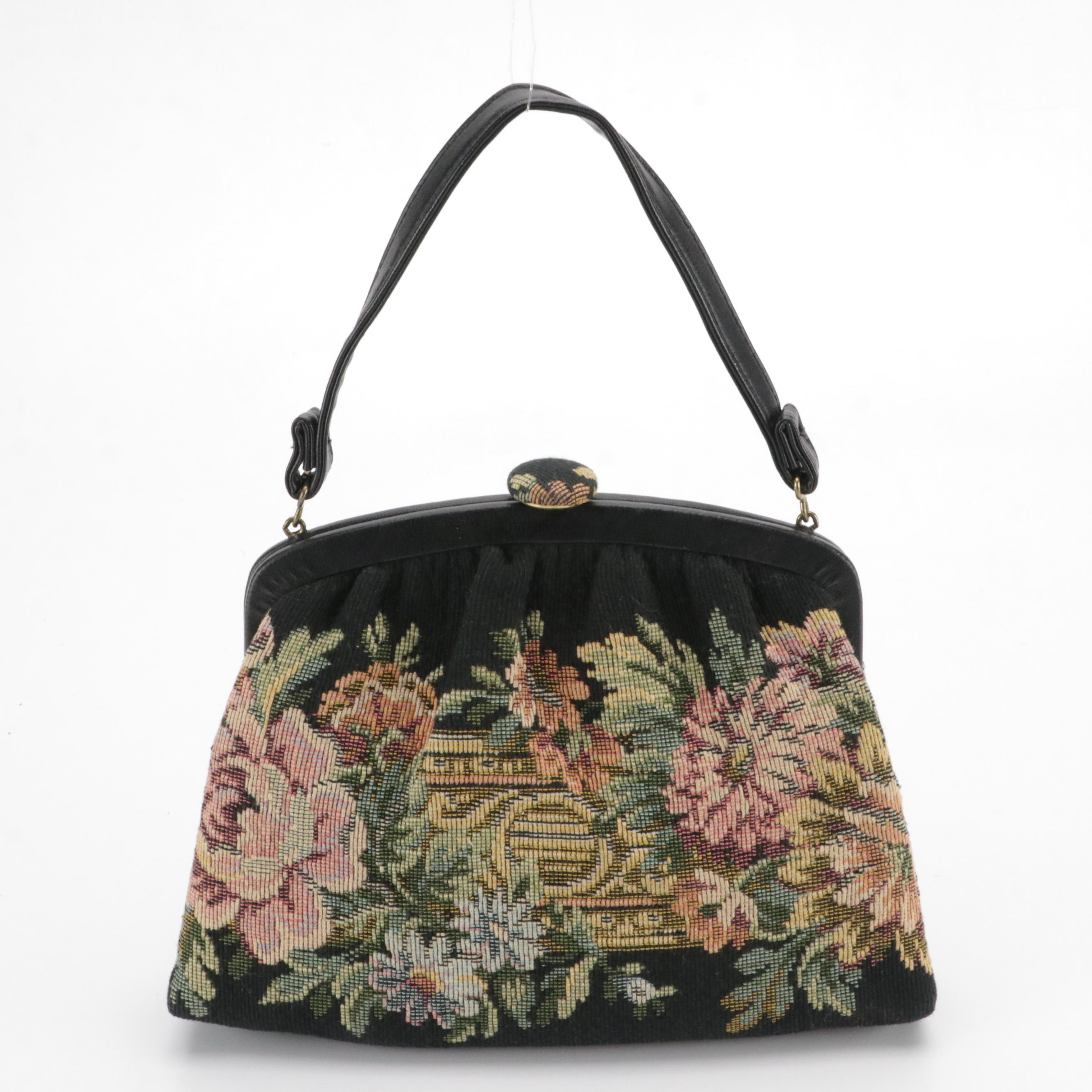 Caprice and HL Black Floral Needlepoint & Leather Handbag W/ Other Evening Bags