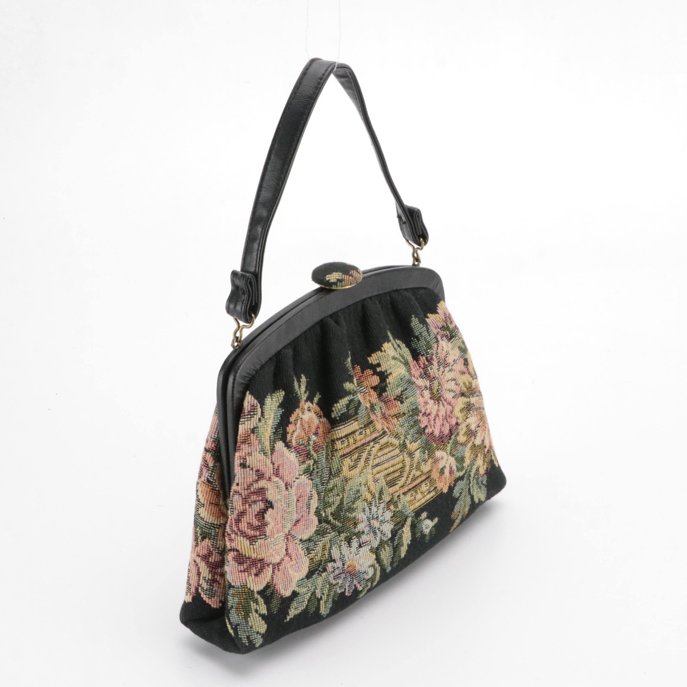 Caprice and HL Black Floral Needlepoint & Leather Handbag W/ Other Evening Bags