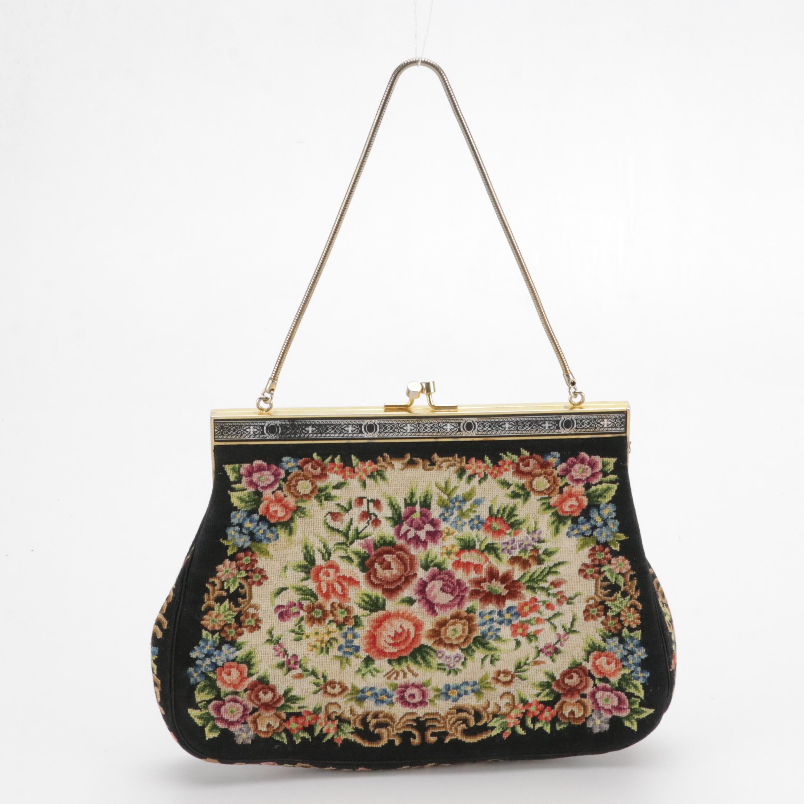 Caprice and HL Black Floral Needlepoint & Leather Handbag W/ Other Evening Bags