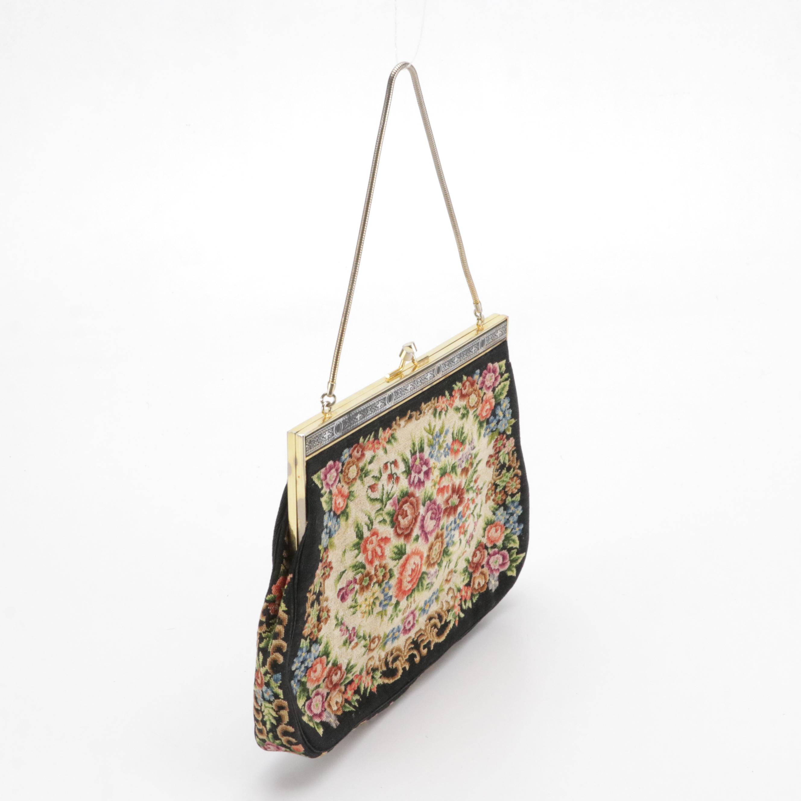 Caprice and HL Black Floral Needlepoint & Leather Handbag W/ Other Evening Bags