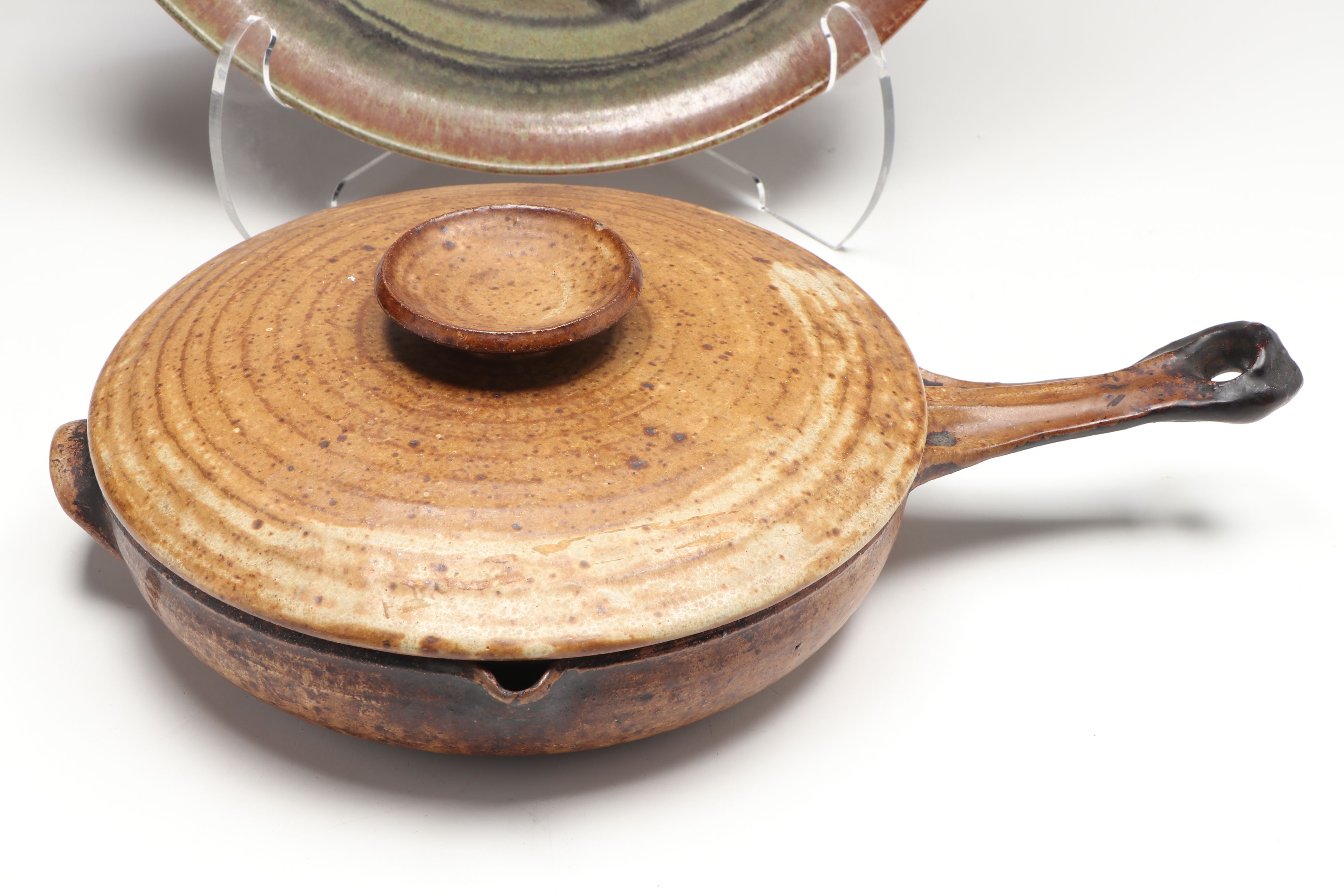 Artist Signed Wheel Thrown Art Pottery Platter and Flameware Pan