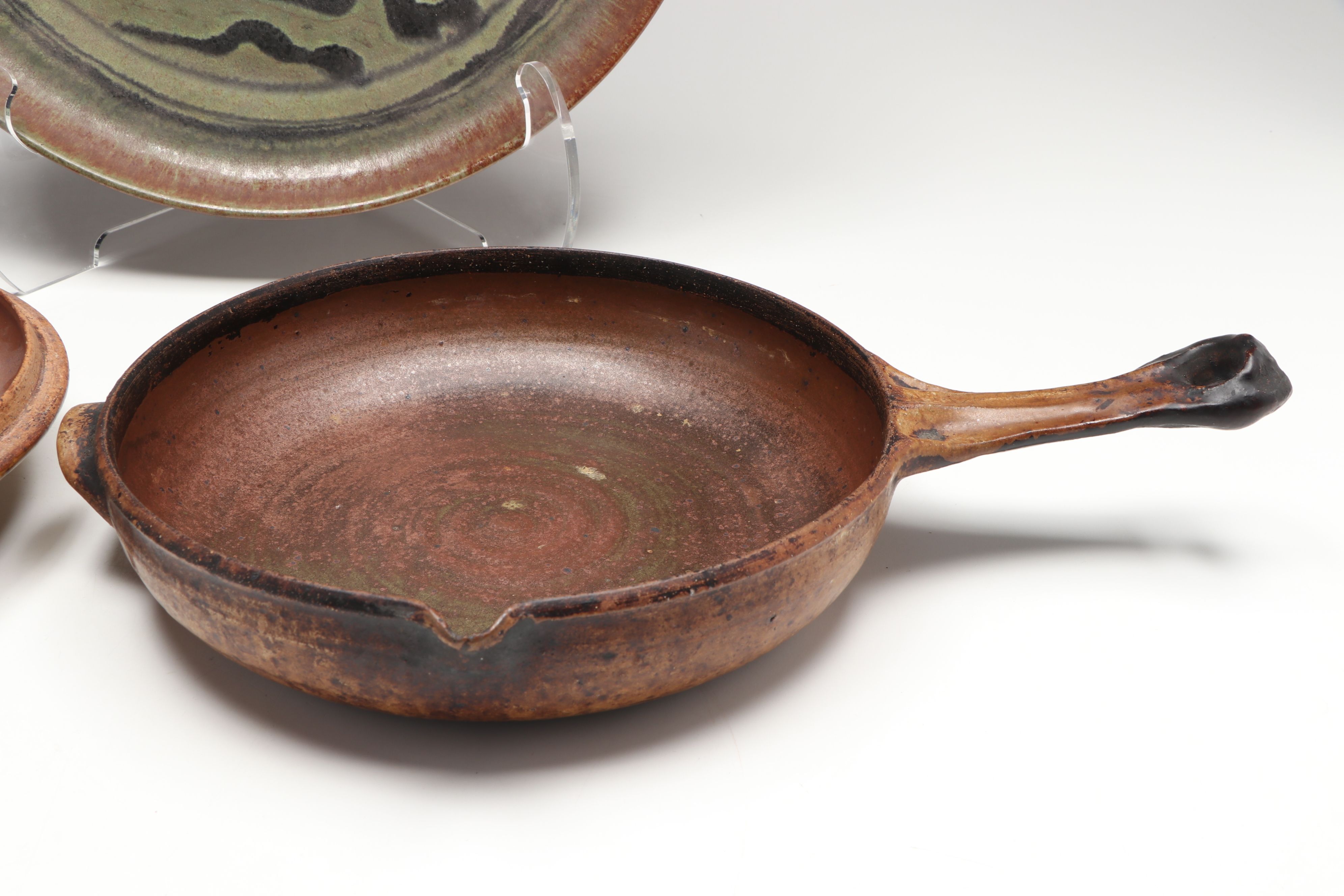 Artist Signed Wheel Thrown Art Pottery Platter and Flameware Pan