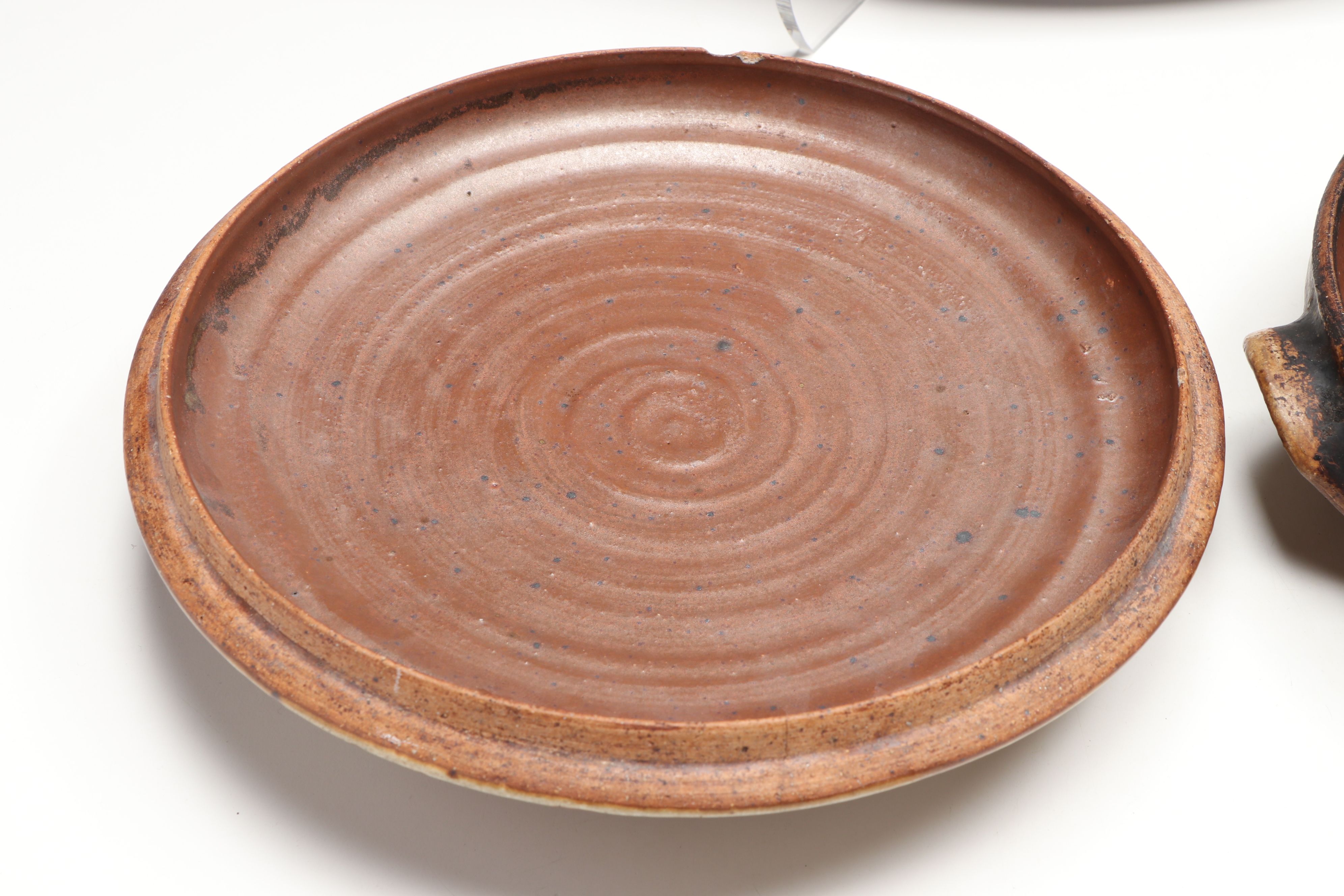 Artist Signed Wheel Thrown Art Pottery Platter and Flameware Pan