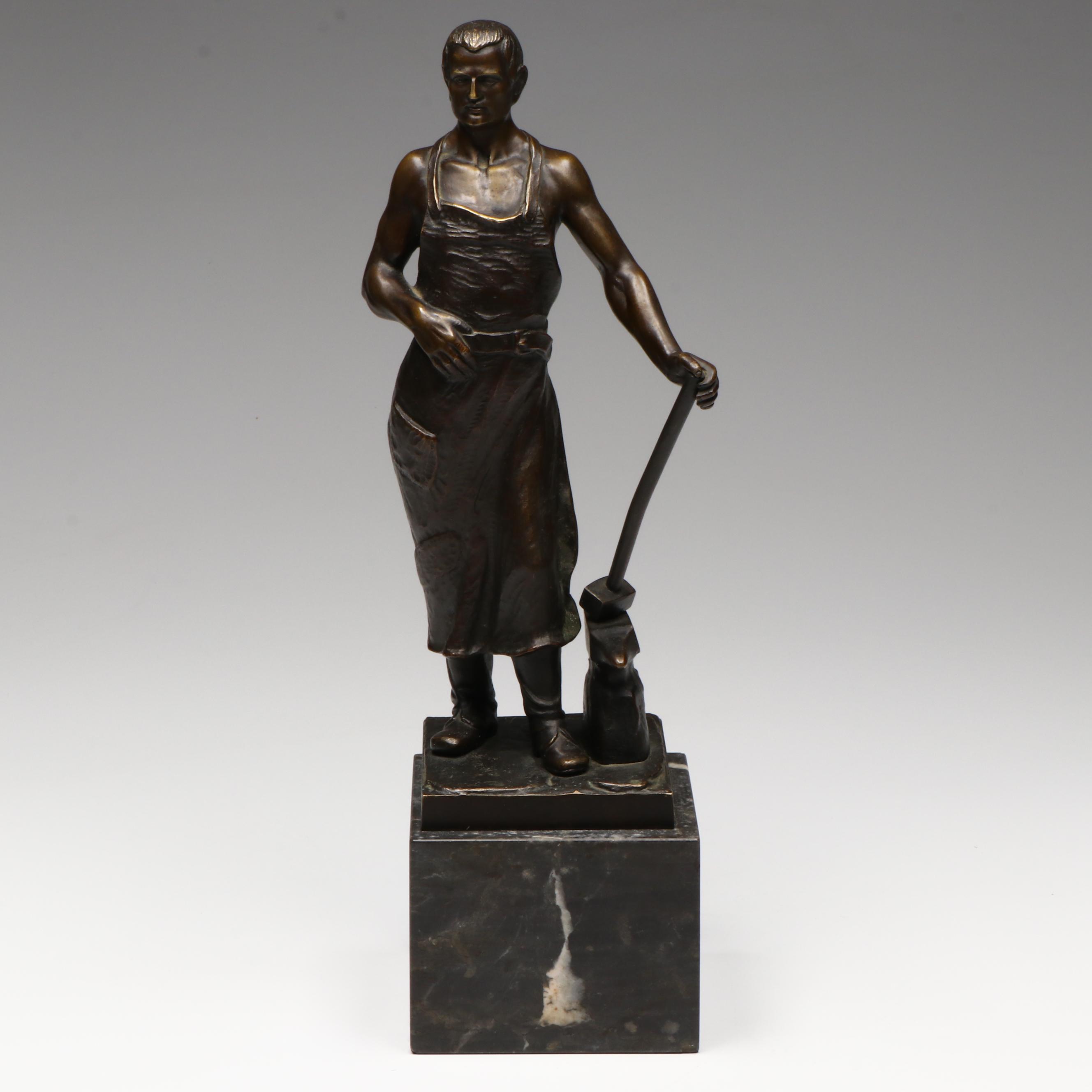 Antique August Kraus German Bronze Blacksmith Sculpture, 1913