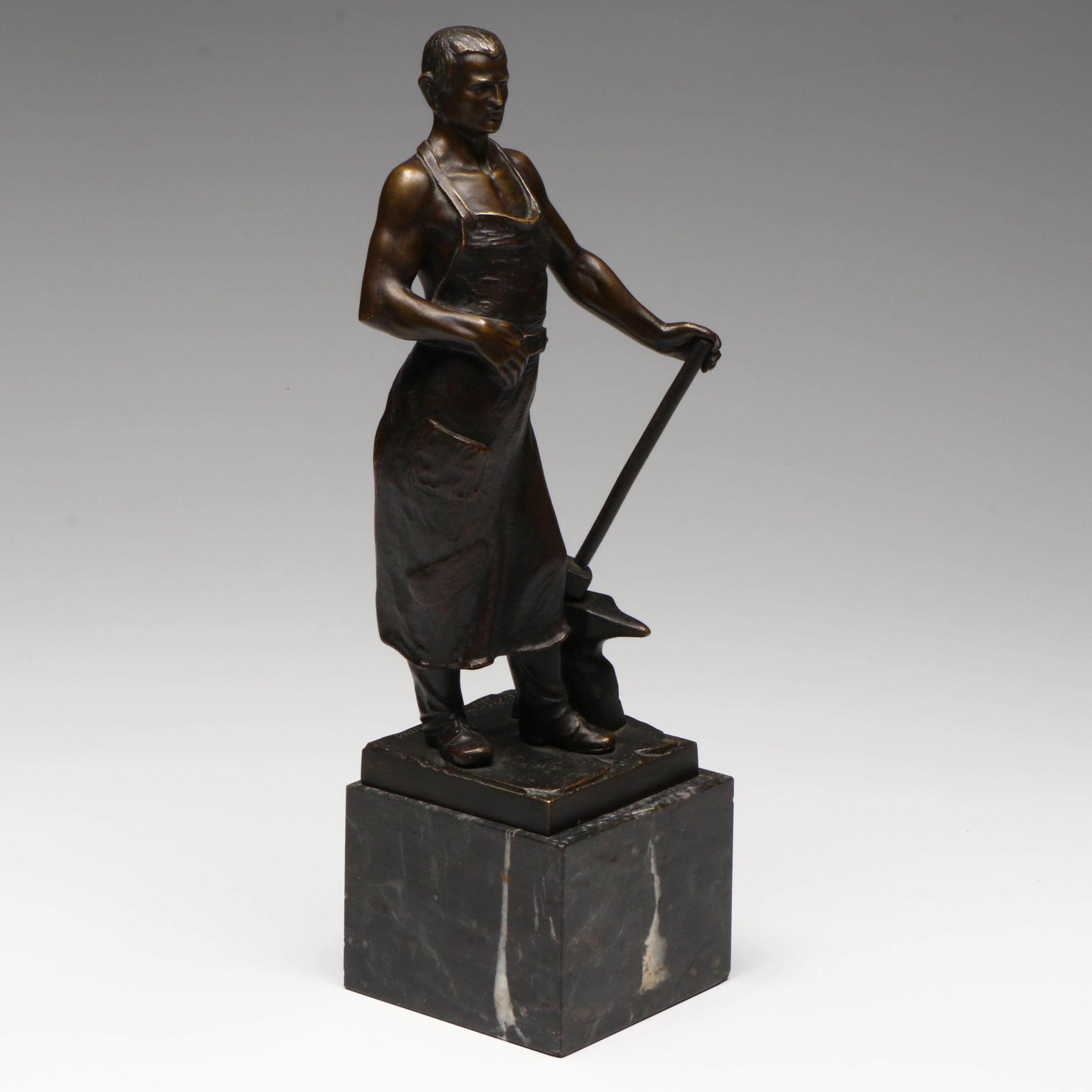 Antique August Kraus German Bronze Blacksmith Sculpture, 1913