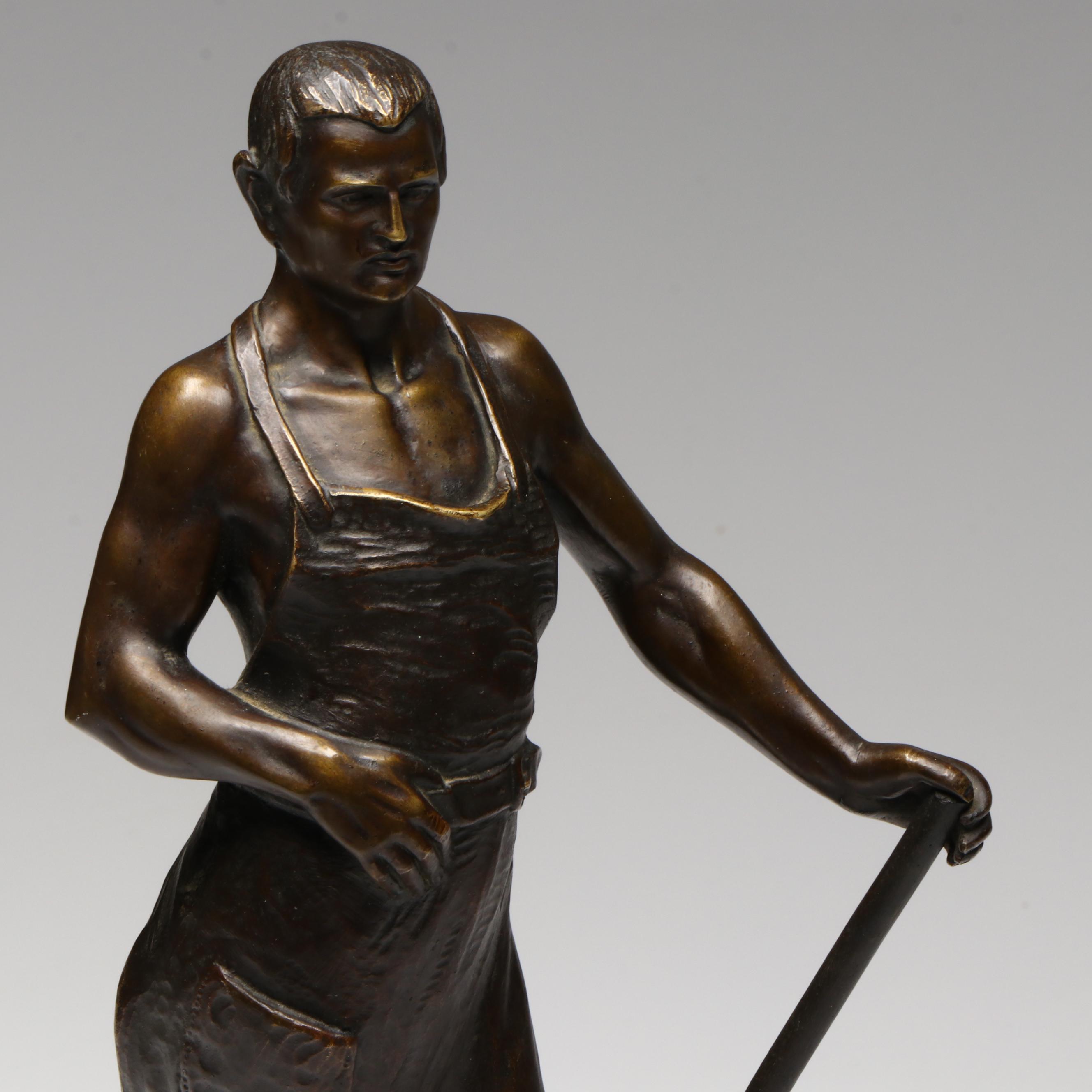 Antique August Kraus German Bronze Blacksmith Sculpture, 1913