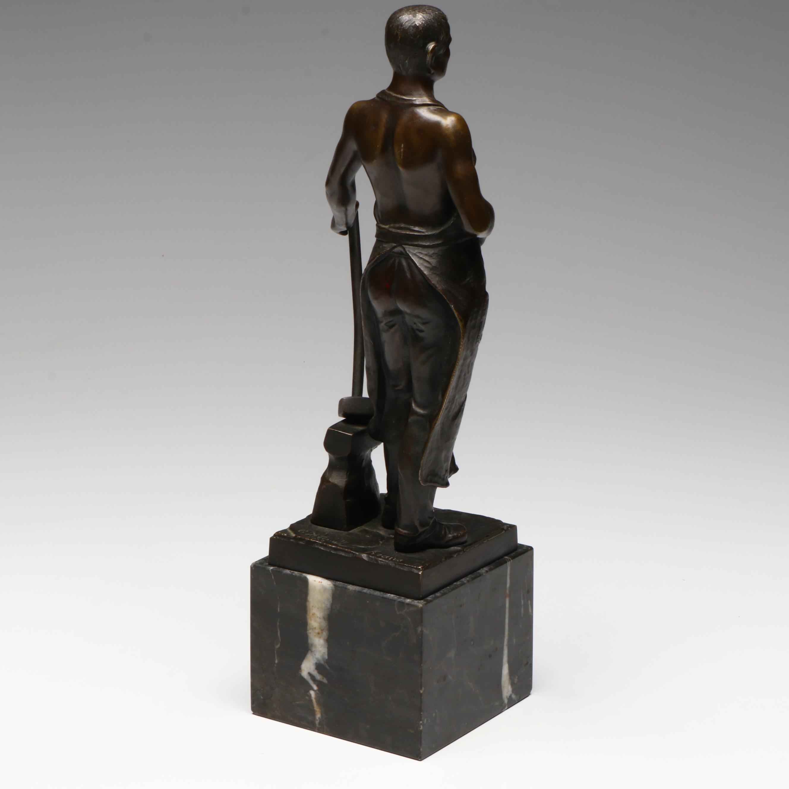 Antique August Kraus German Bronze Blacksmith Sculpture, 1913