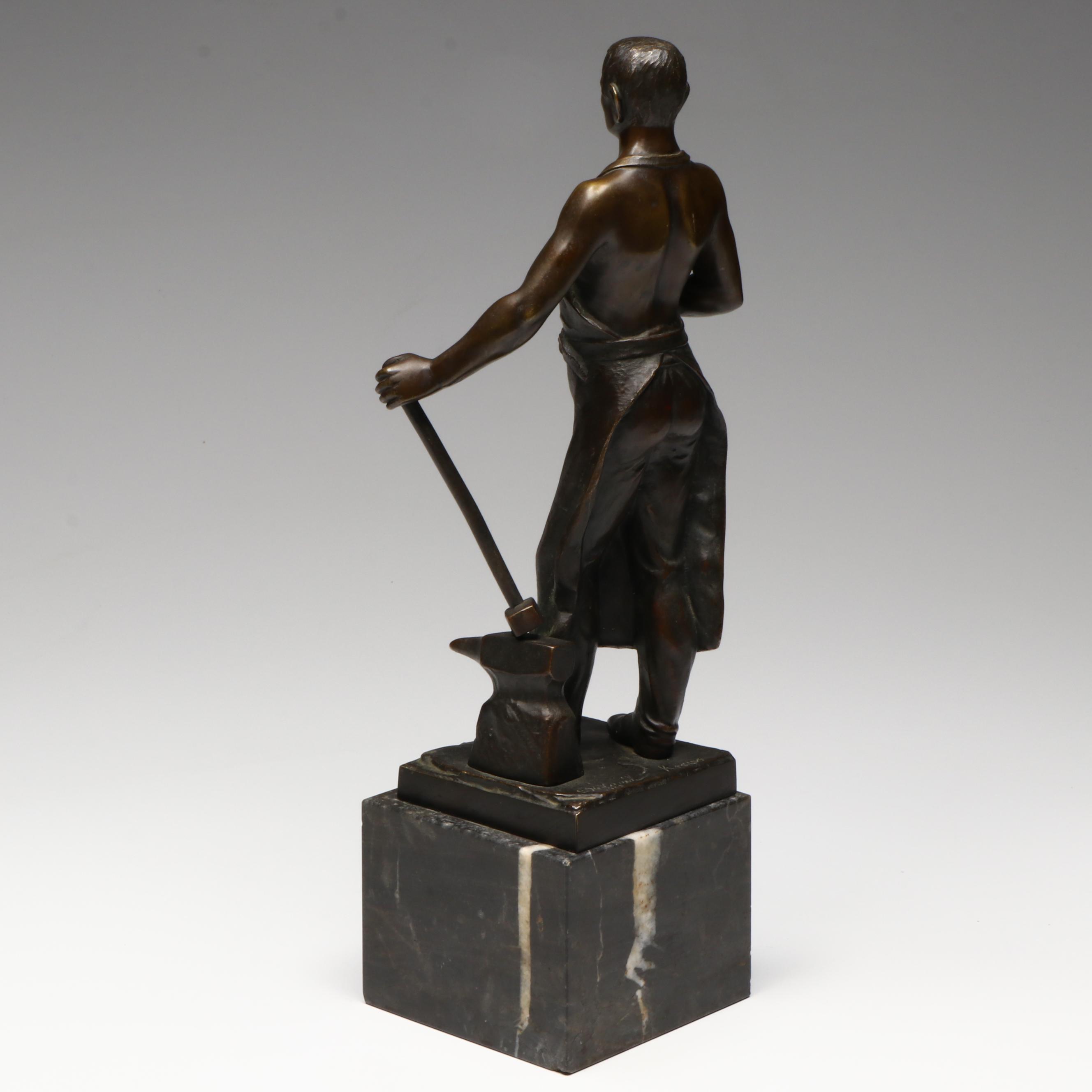 Antique August Kraus German Bronze Blacksmith Sculpture, 1913