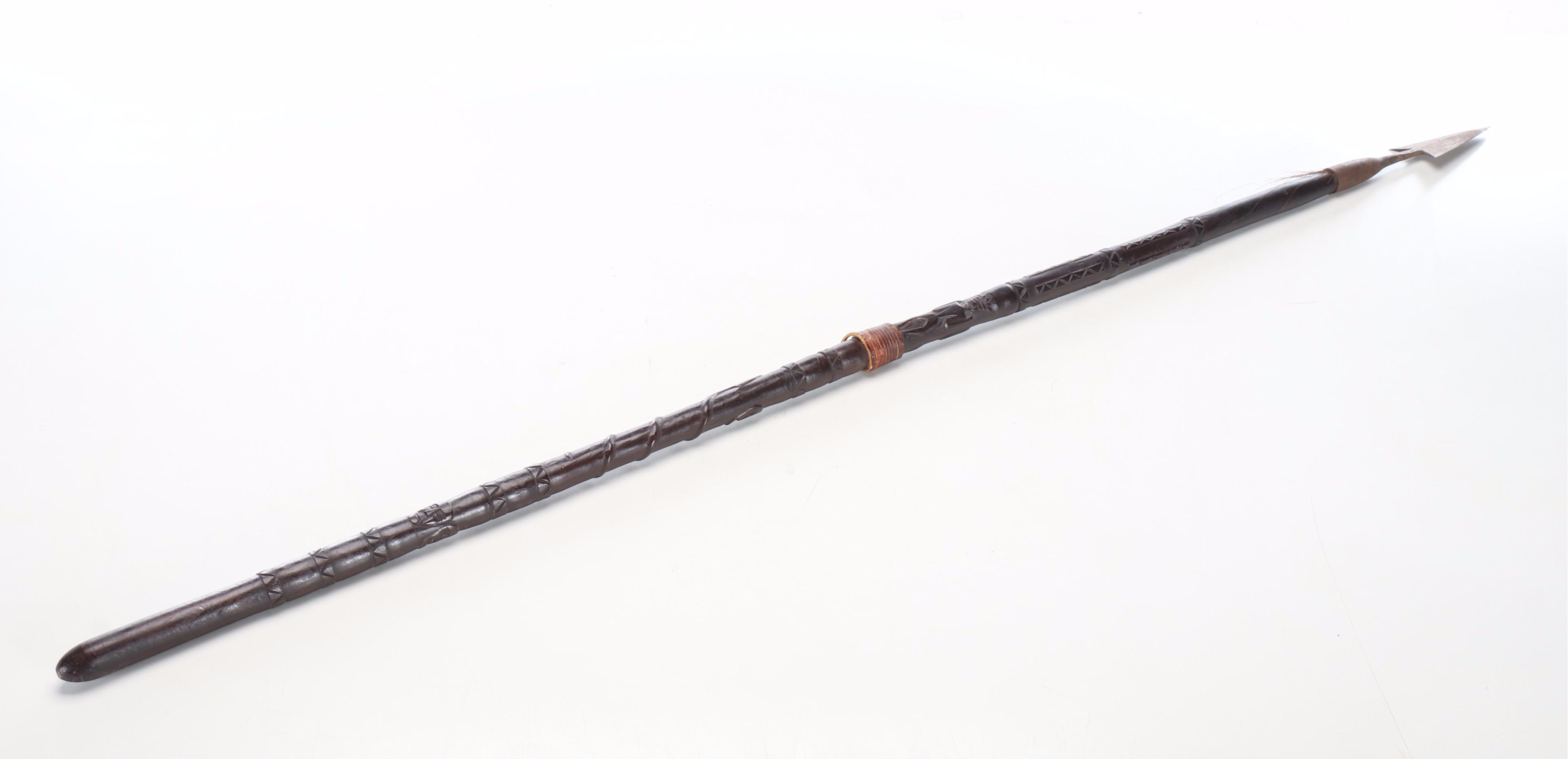 African Hand-Carved Wood and Iron Tipped Spear
