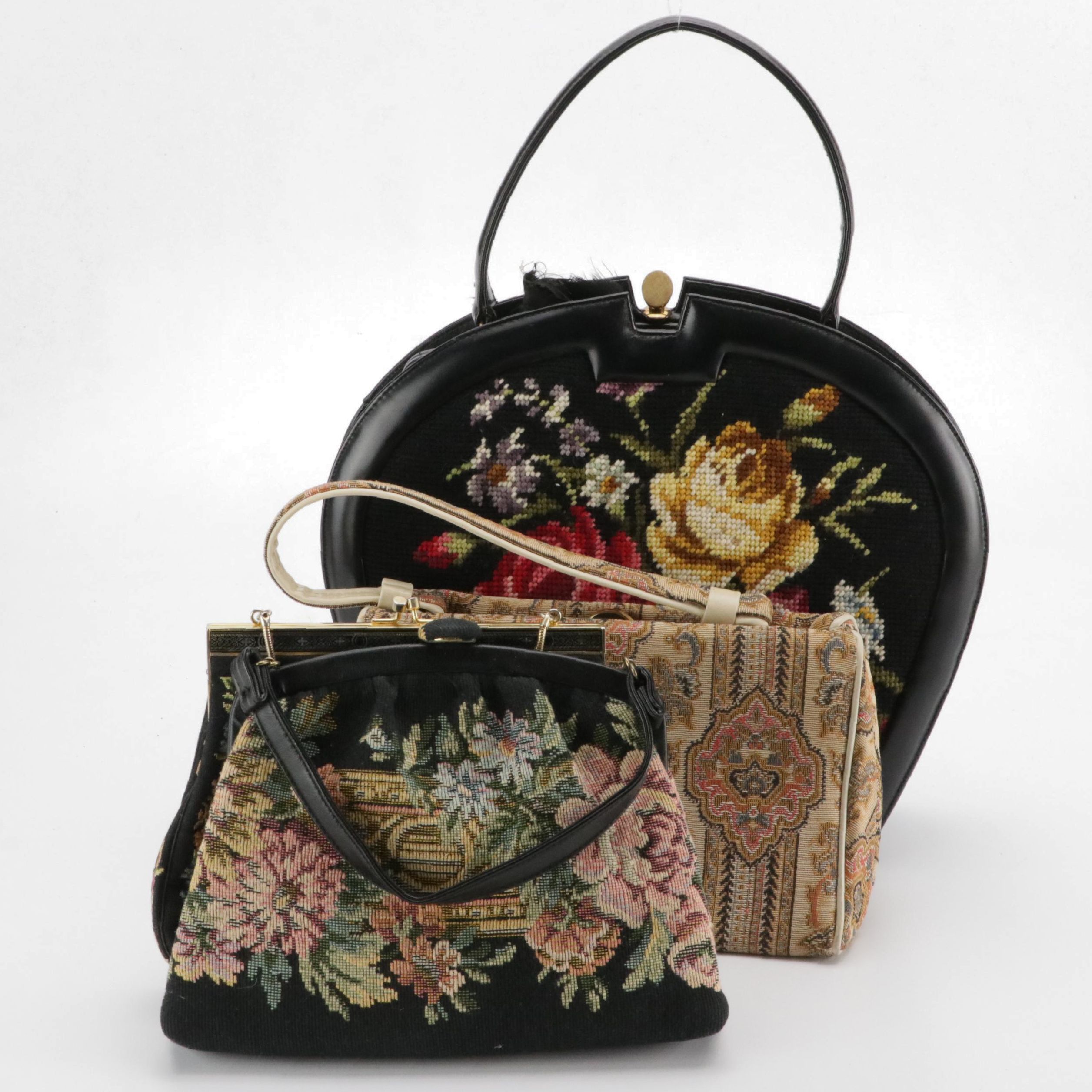 Caprice and HL Black Floral Needlepoint & Leather Handbag W/ Other Evening Bags