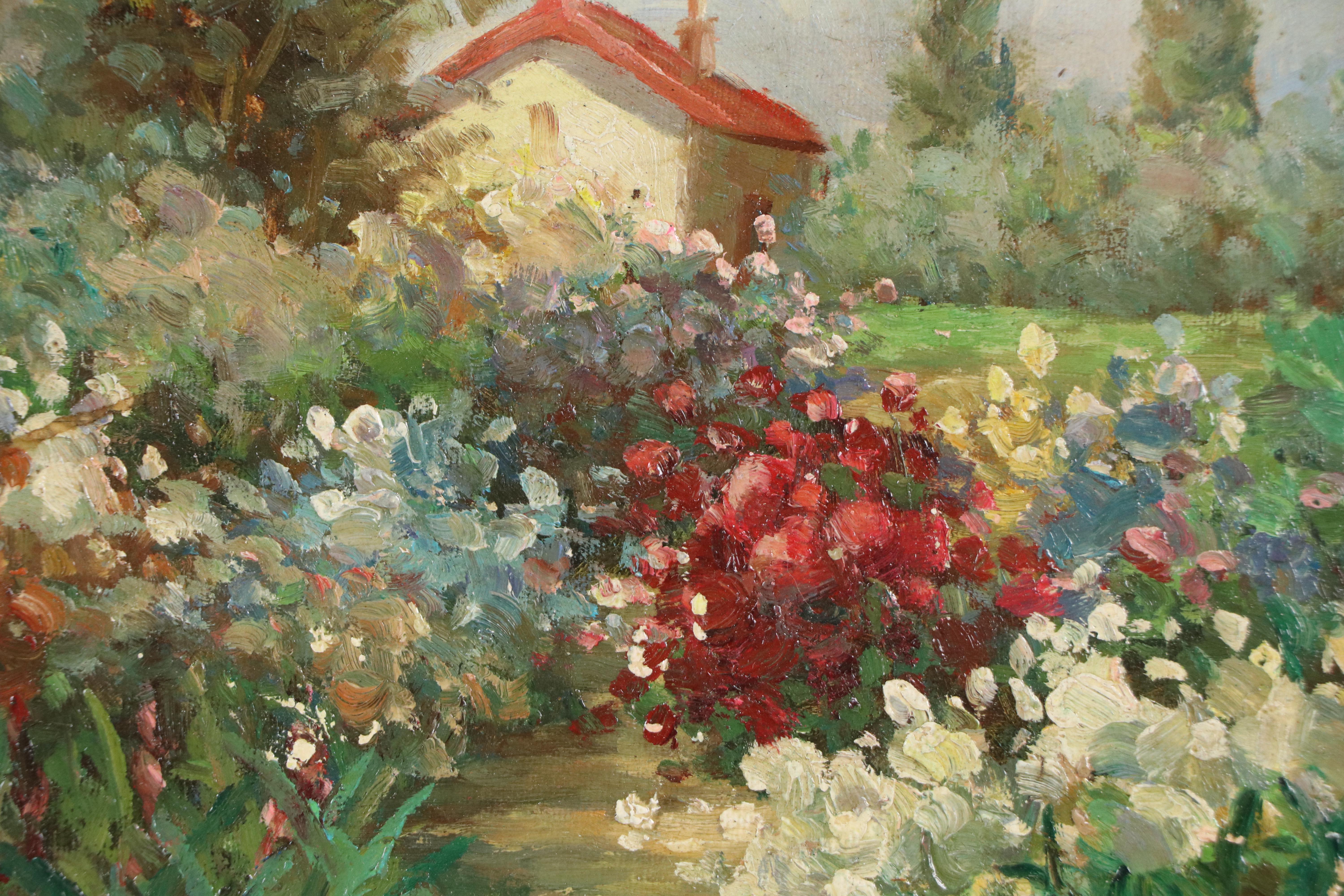 Impressionist Style Garden Oil Painting with Flowers and Cottage