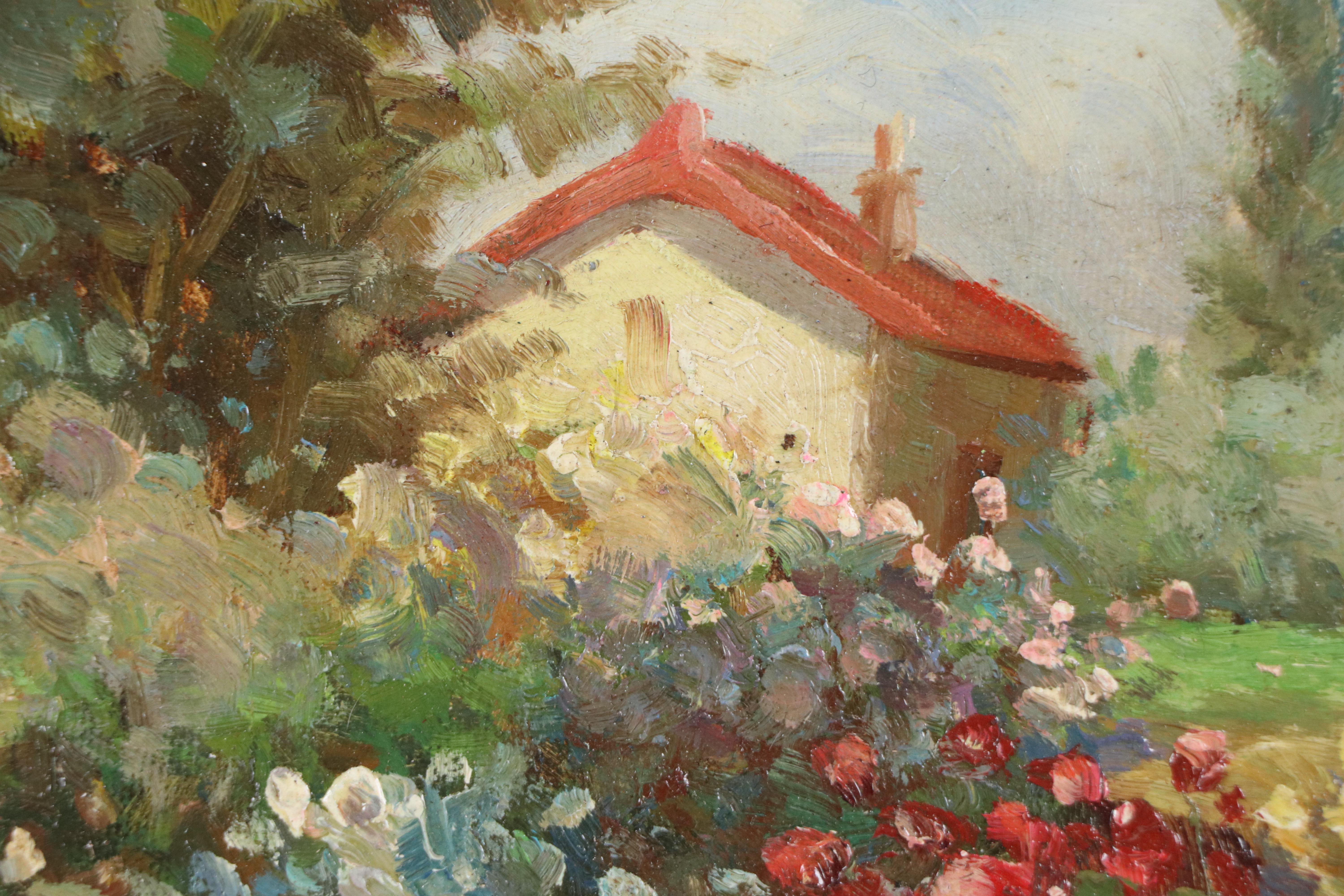 Impressionist Style Garden Oil Painting with Flowers and Cottage