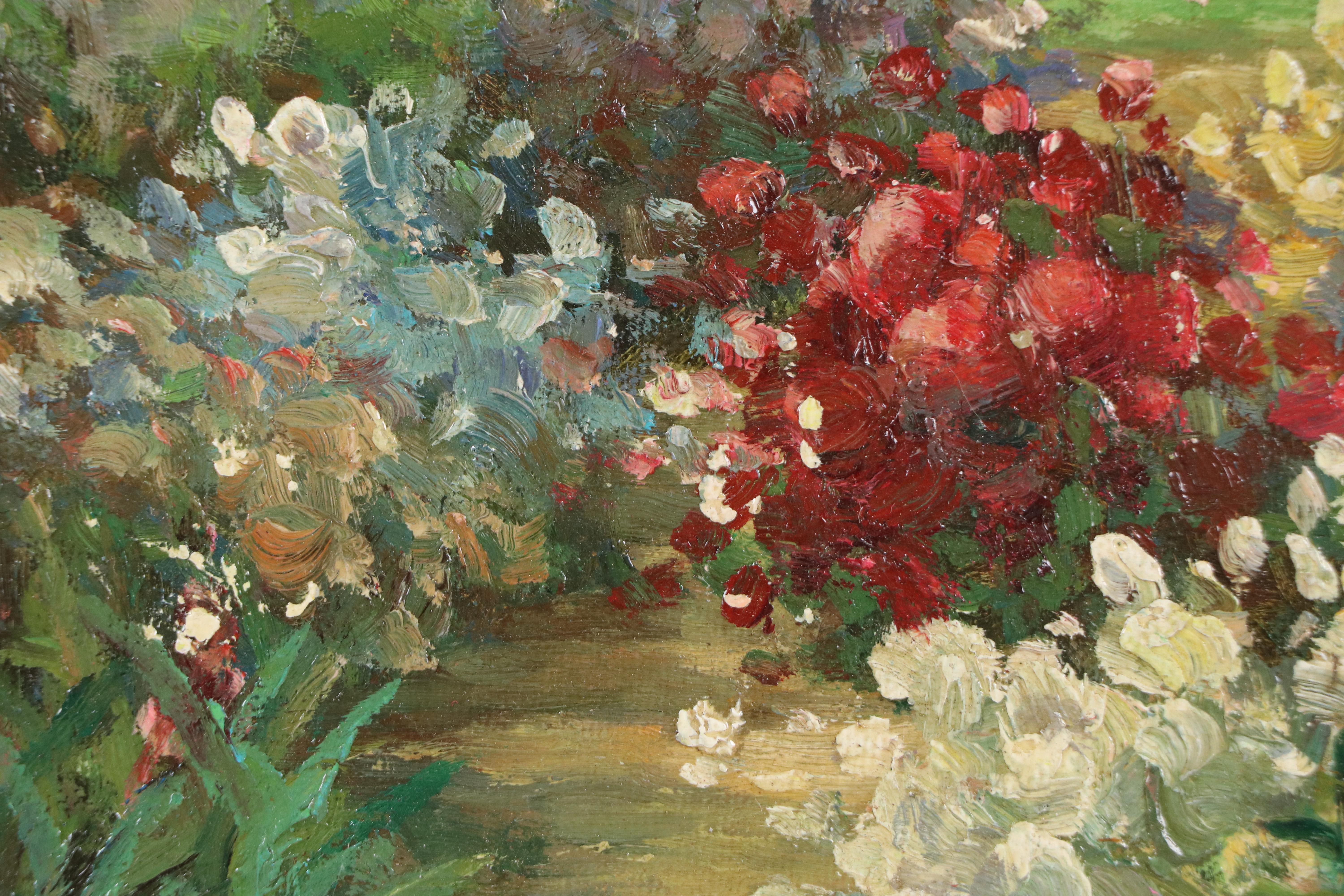 Impressionist Style Garden Oil Painting with Flowers and Cottage