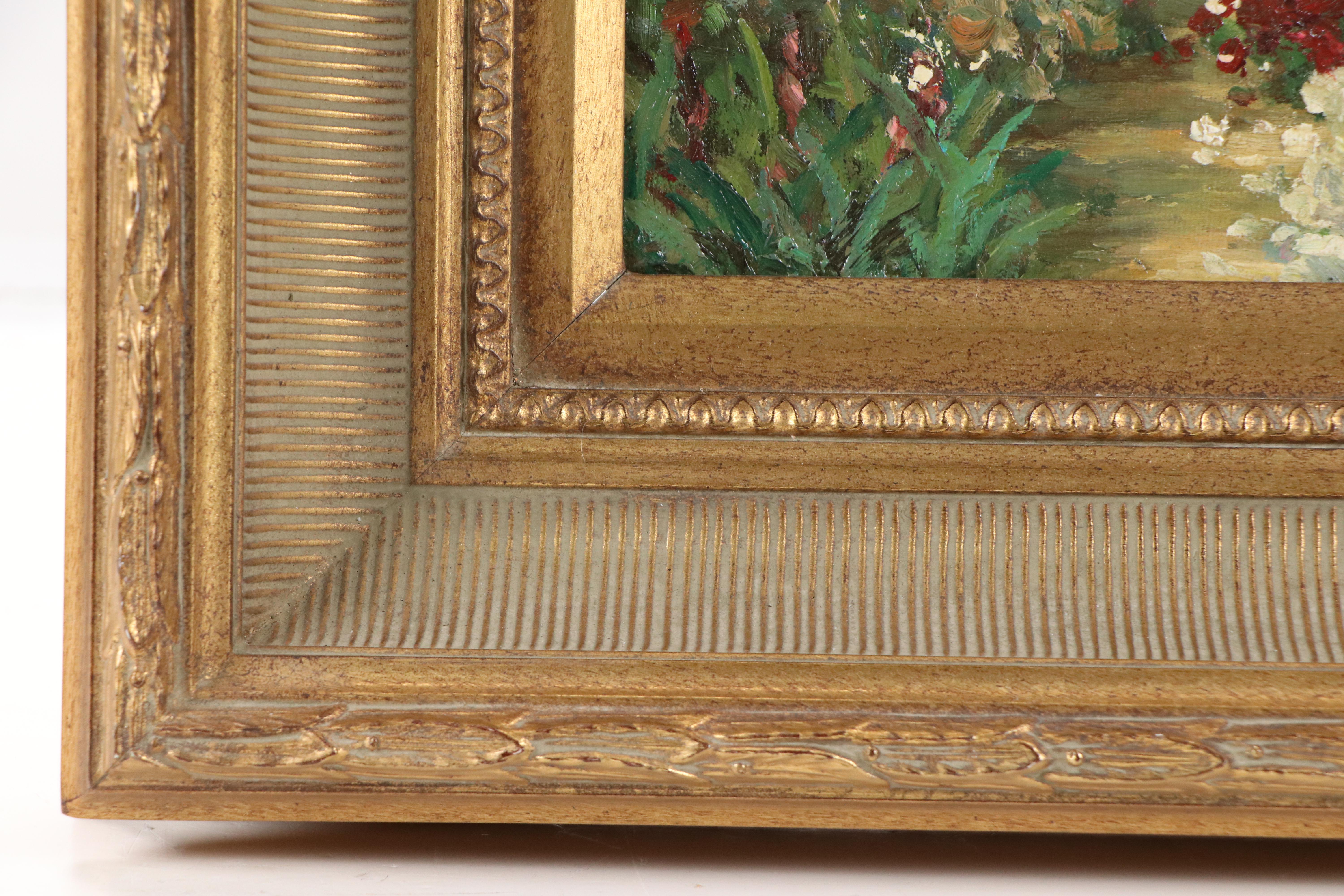 Impressionist Style Garden Oil Painting with Flowers and Cottage