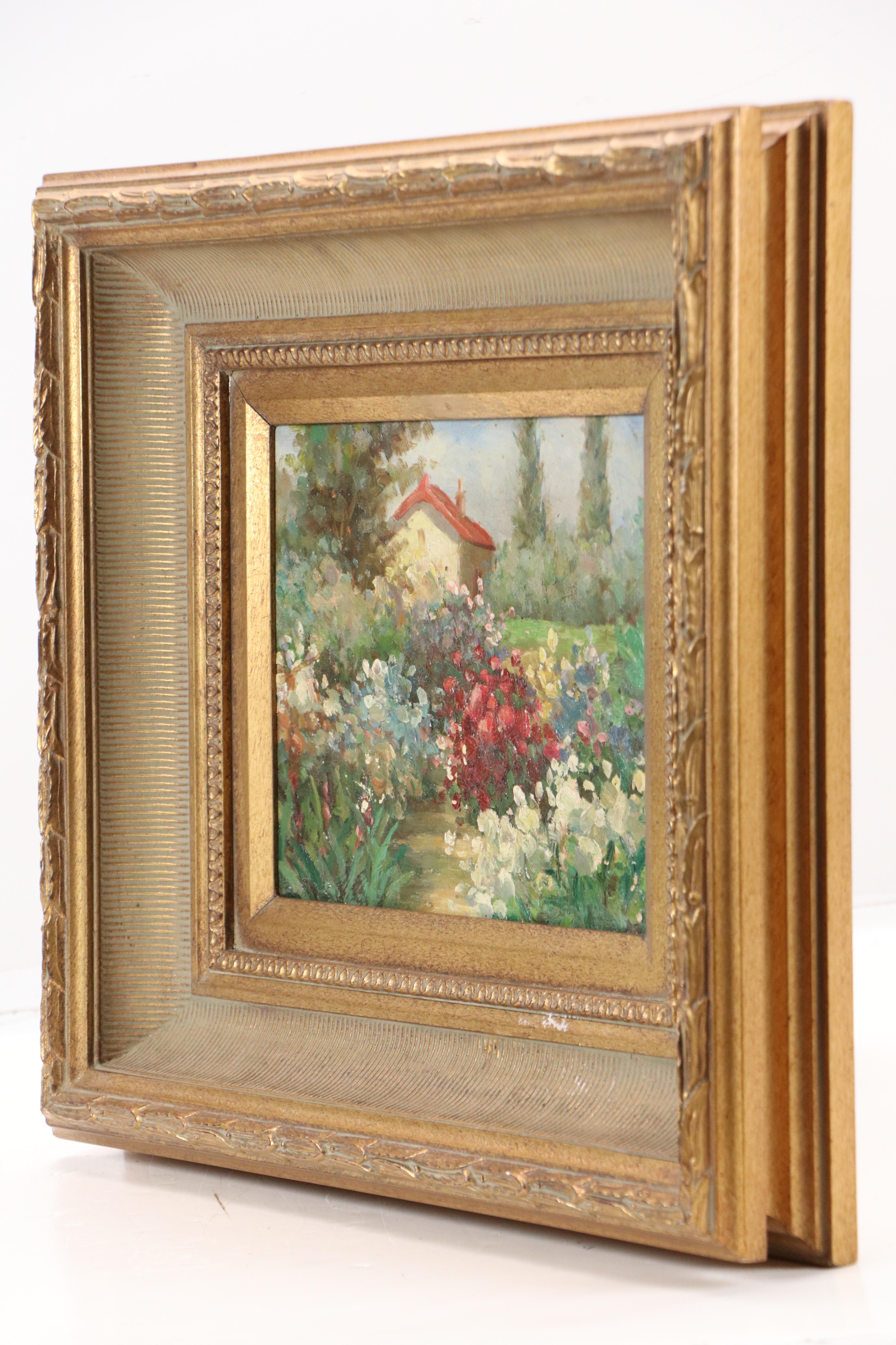 Impressionist Style Garden Oil Painting with Flowers and Cottage