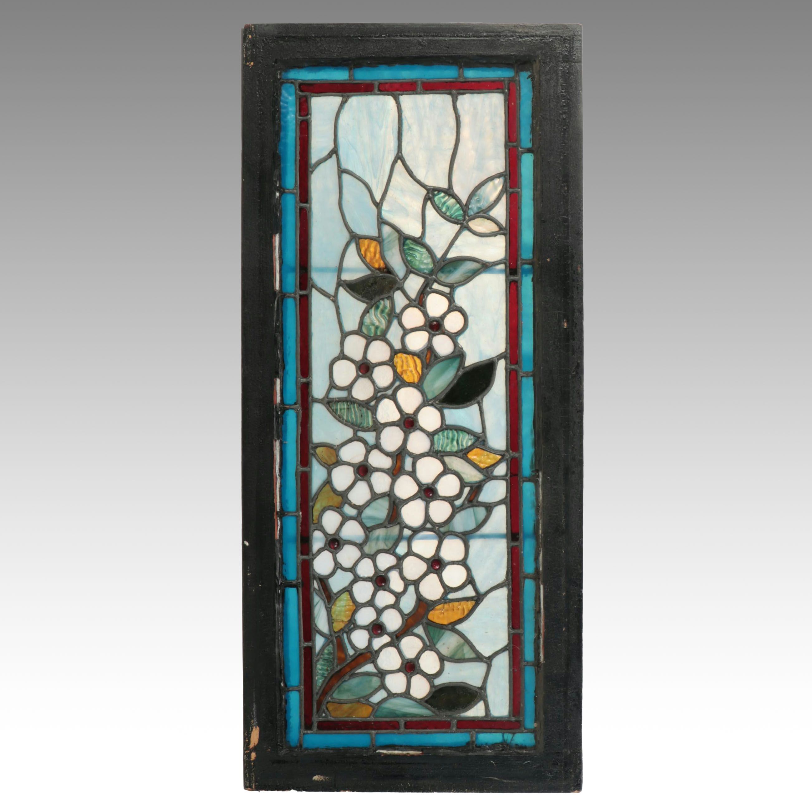 Art Nouveau Style Slag Glass White Flowers Window Panel