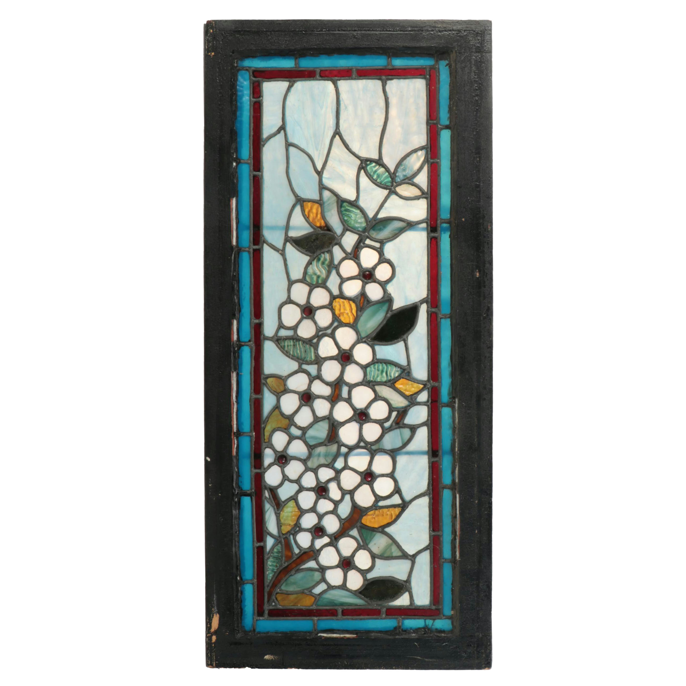 Art Nouveau Style Slag Glass White Flowers Window Panel