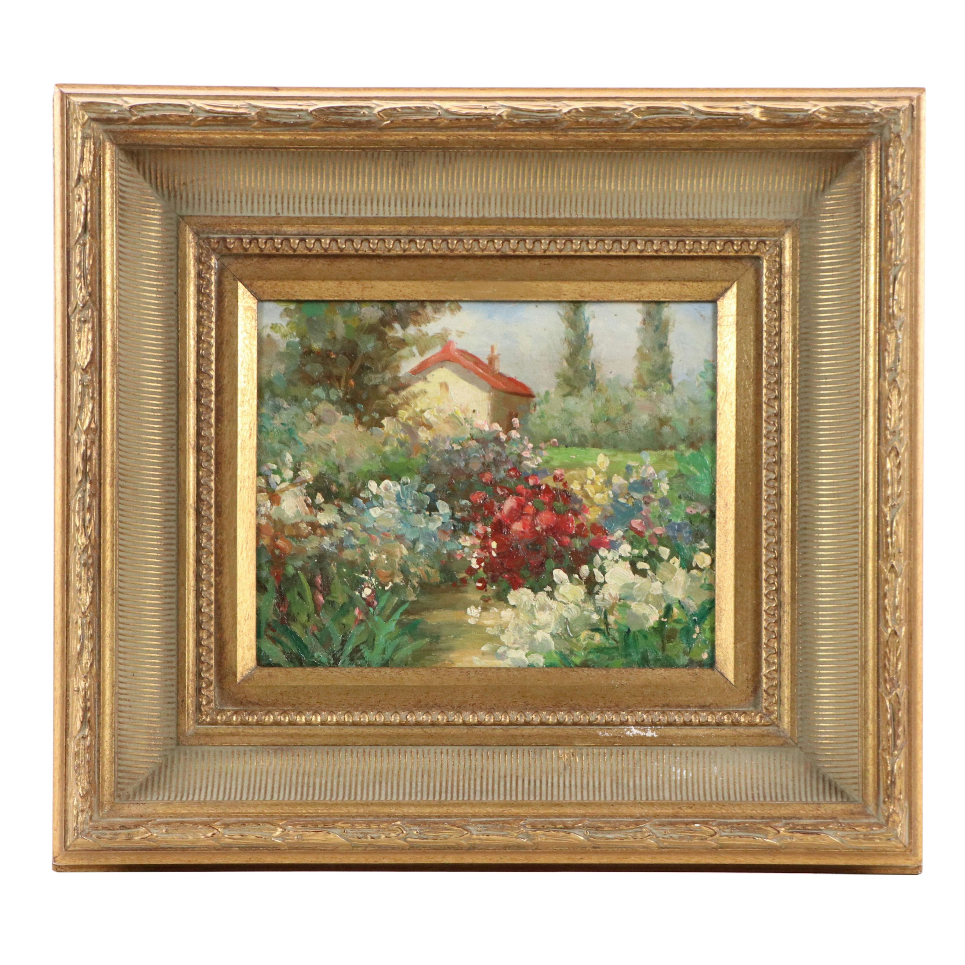 Impressionist Style Garden Oil Painting with Flowers and Cottage
