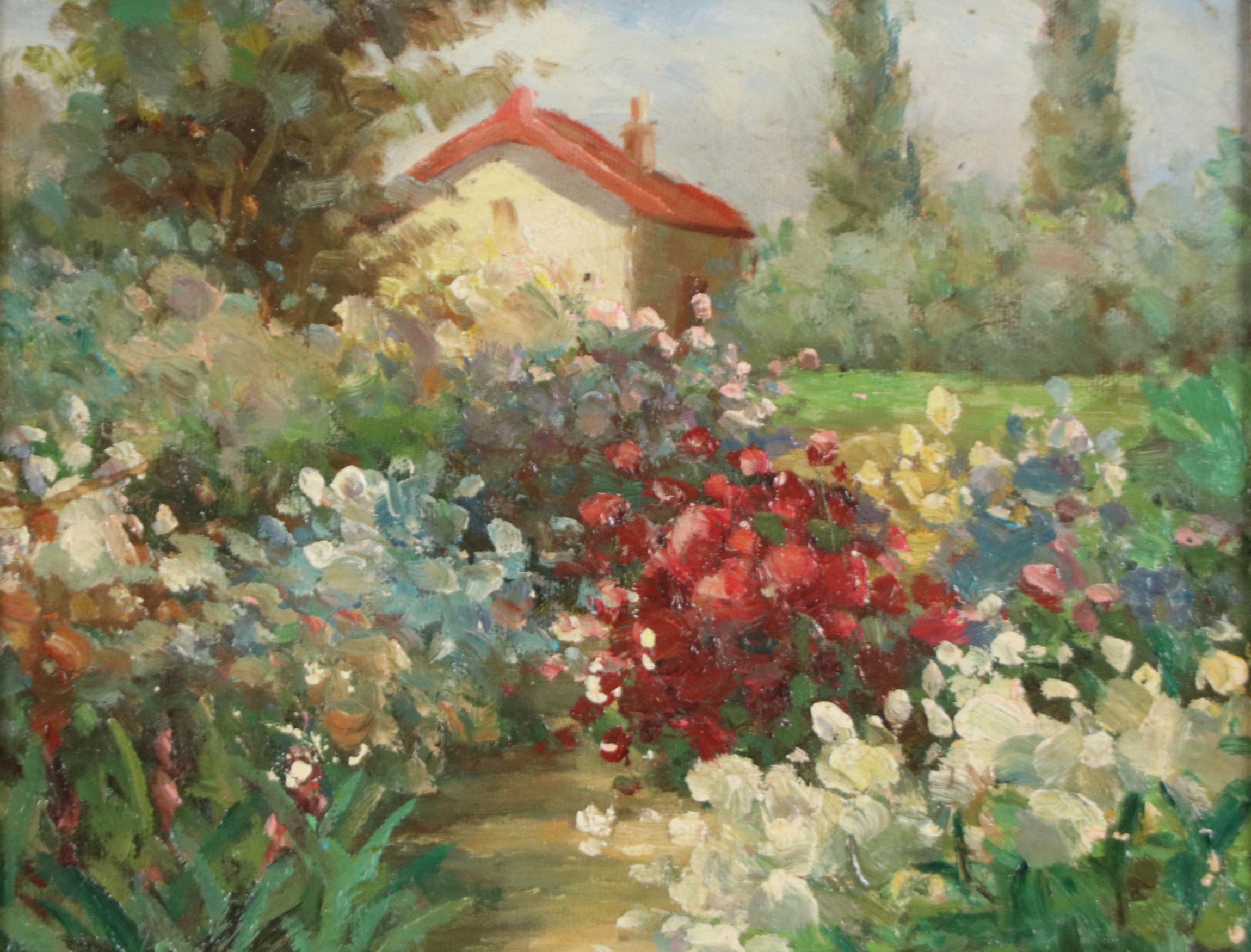 Impressionist Style Garden Oil Painting with Flowers and Cottage