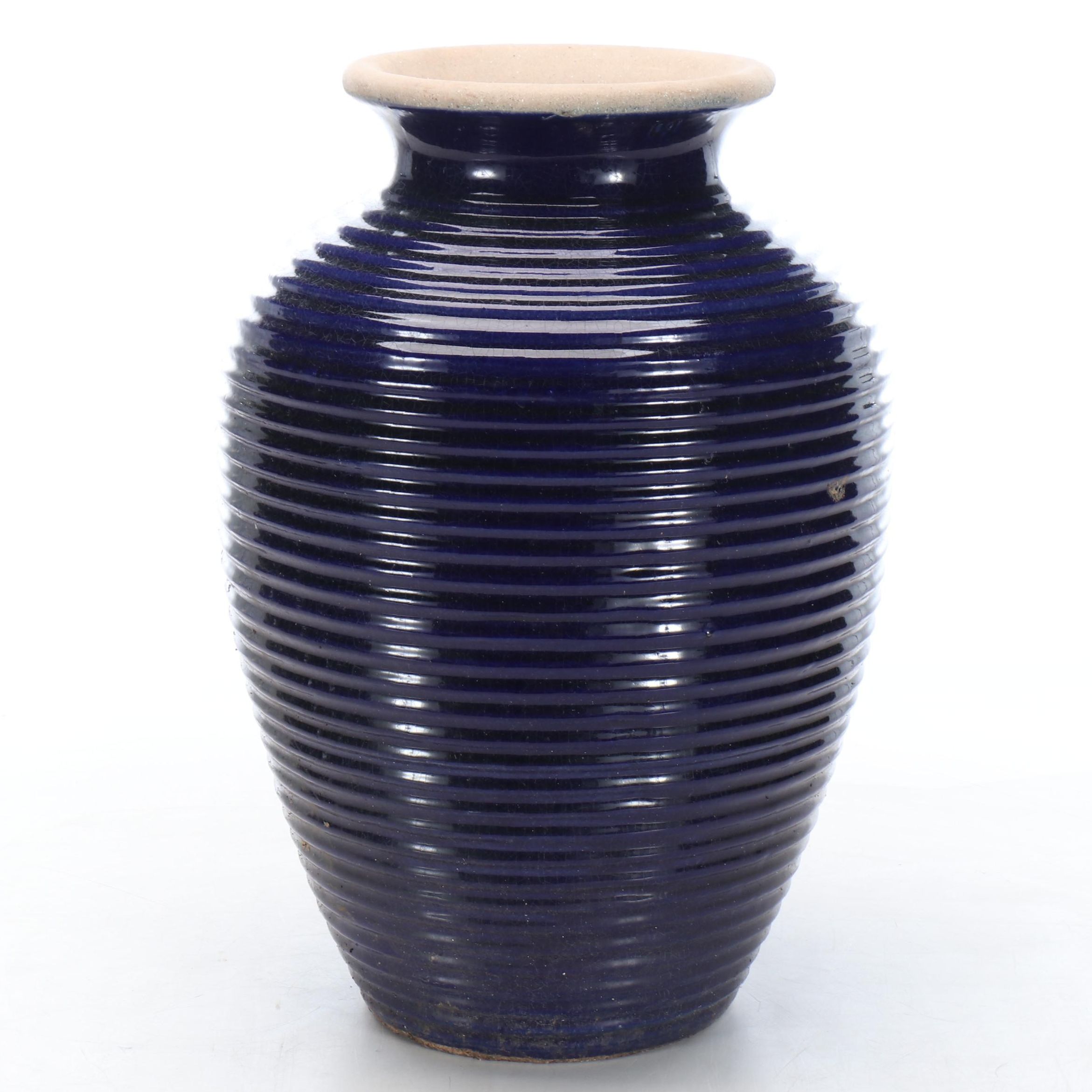Cobalt Glazed Earthenware Vase Shaped Patio Decor