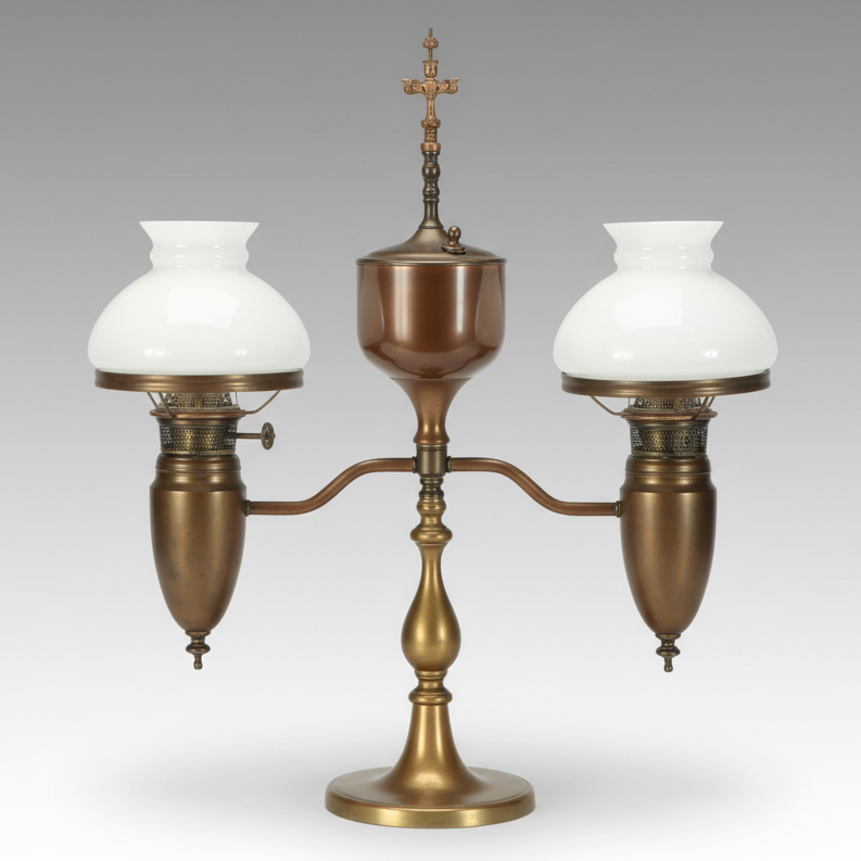 Late Victorian Brass Dual-Arm Student Oil Lamp, Adapted Mid-20th C.
