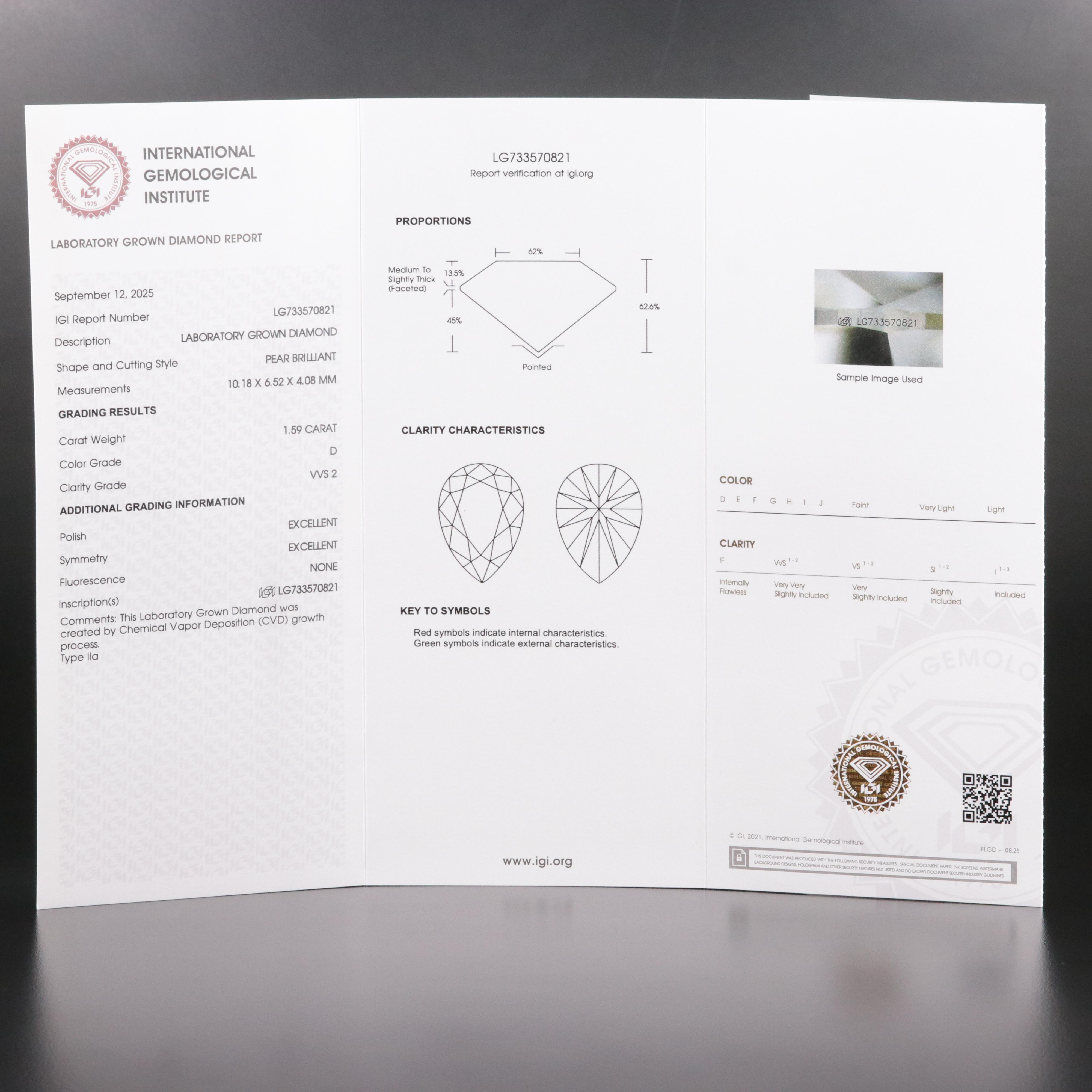 Loose 1.59 CT Lab Grown Diamond with IGI Report