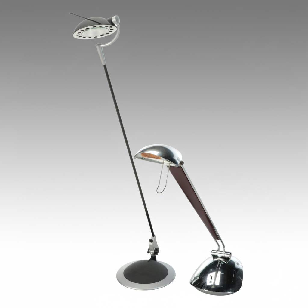 Postmodern Chrome, Wood and Enameled Desk Lamps