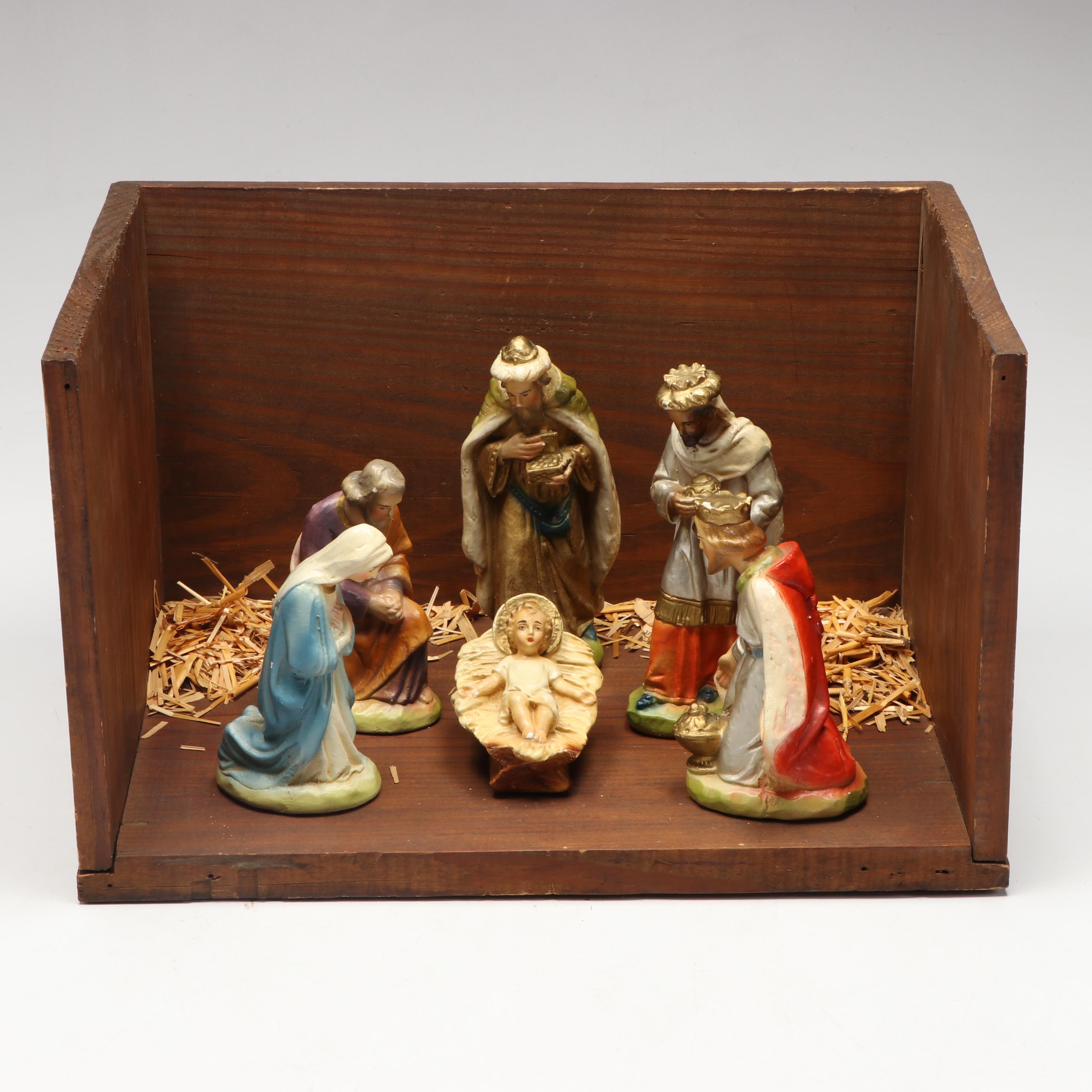 Painted Ceramic Full Nativity Scene with Wooden Stable