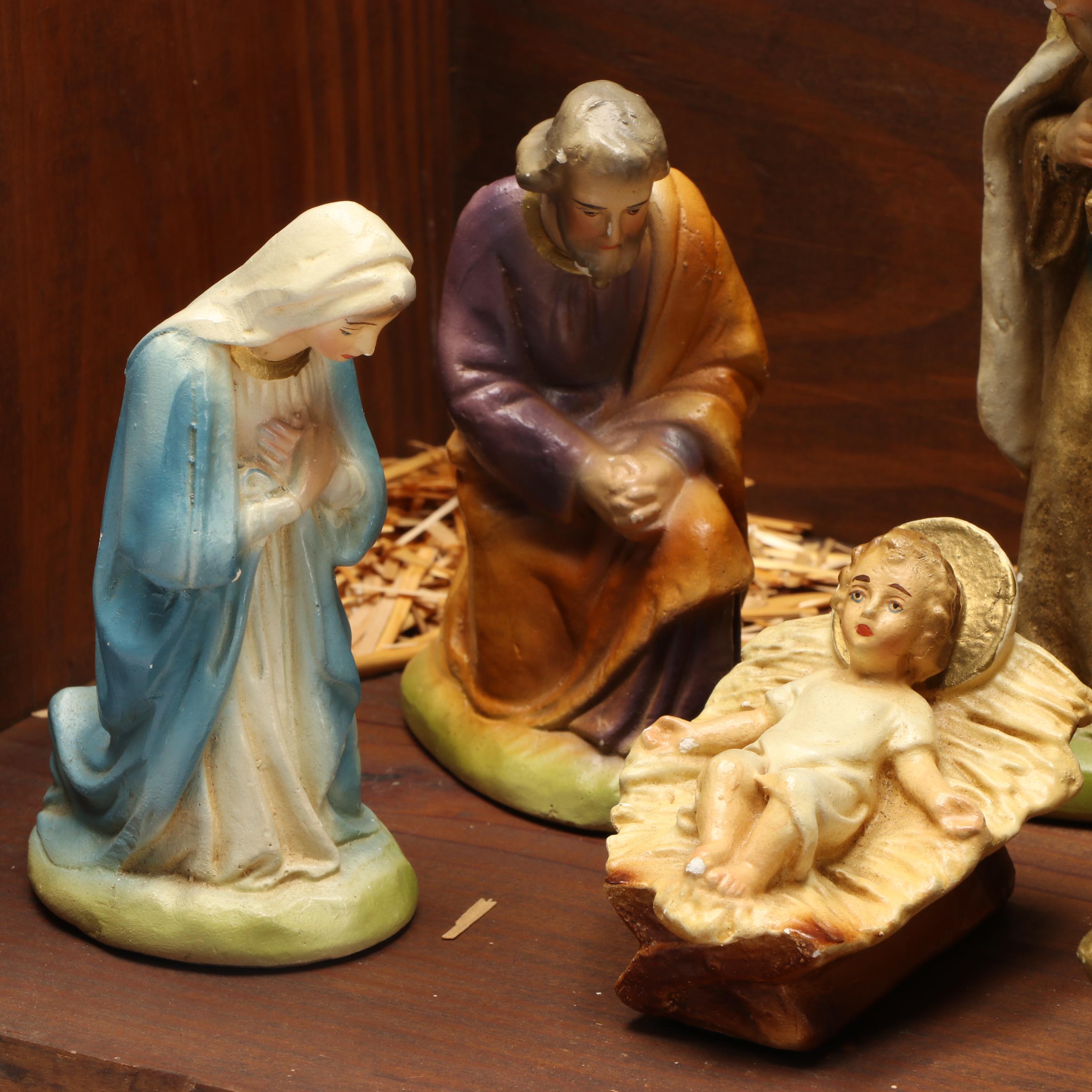 Painted Ceramic Full Nativity Scene with Wooden Stable