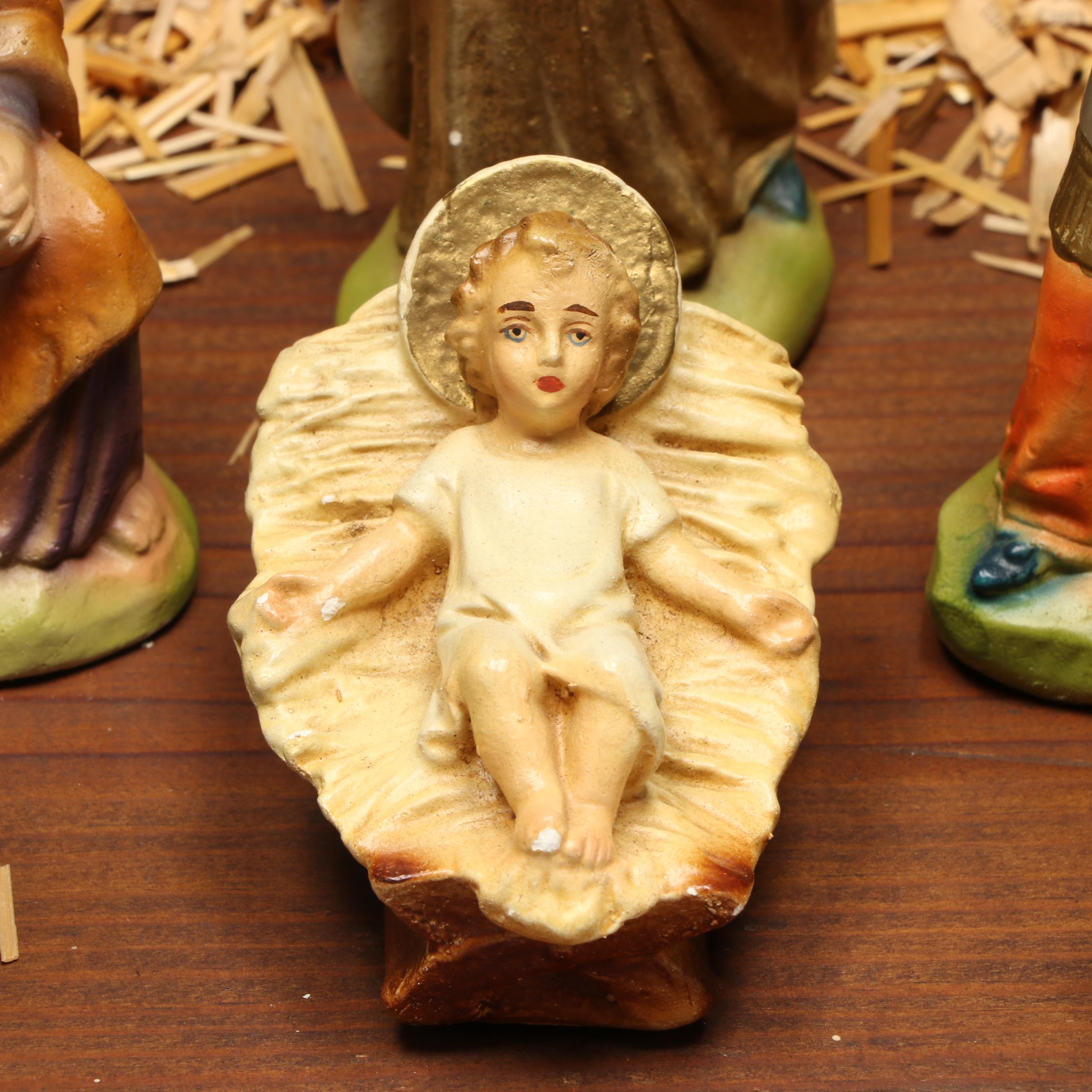 Painted Ceramic Full Nativity Scene with Wooden Stable