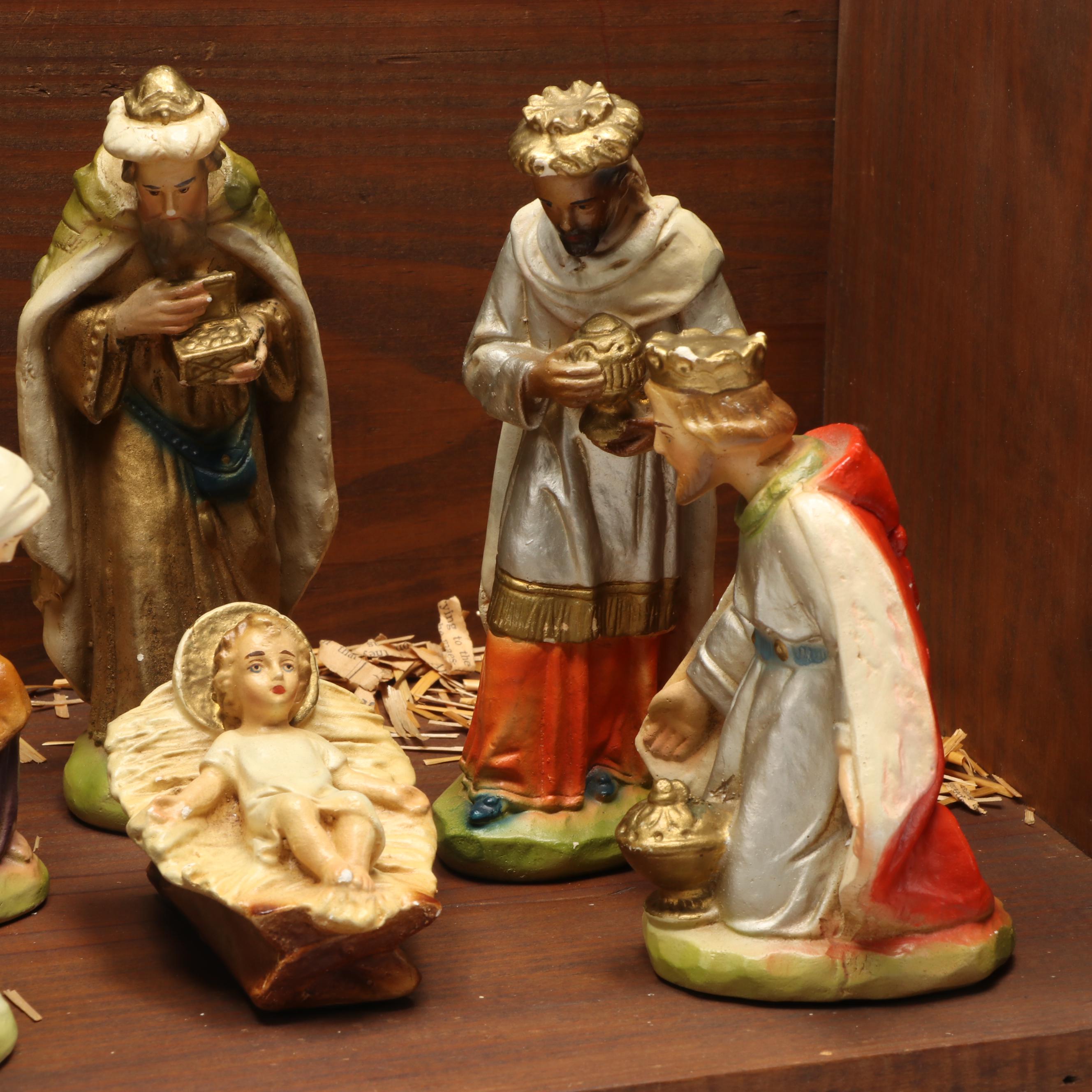 Painted Ceramic Full Nativity Scene with Wooden Stable