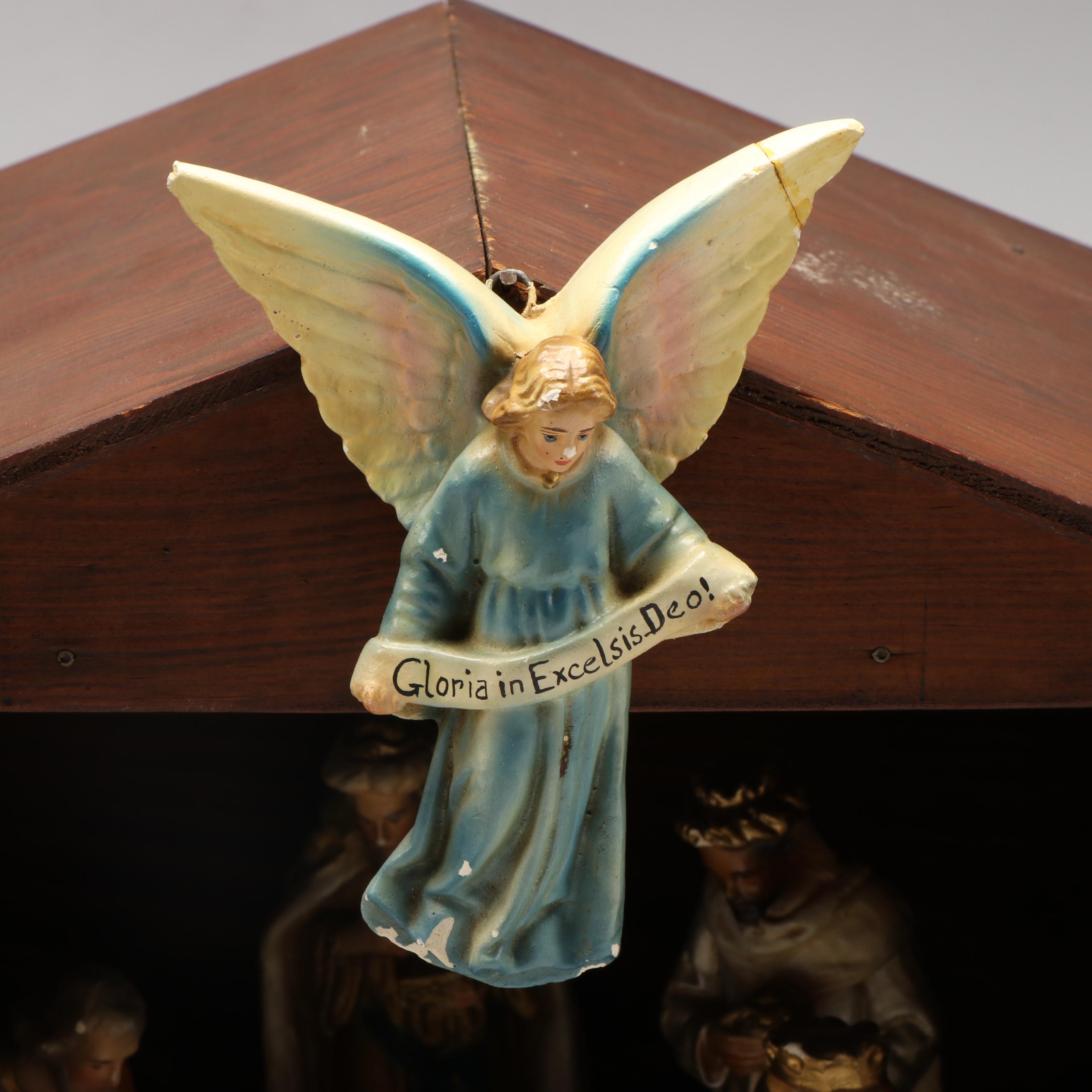 Painted Ceramic Full Nativity Scene with Wooden Stable