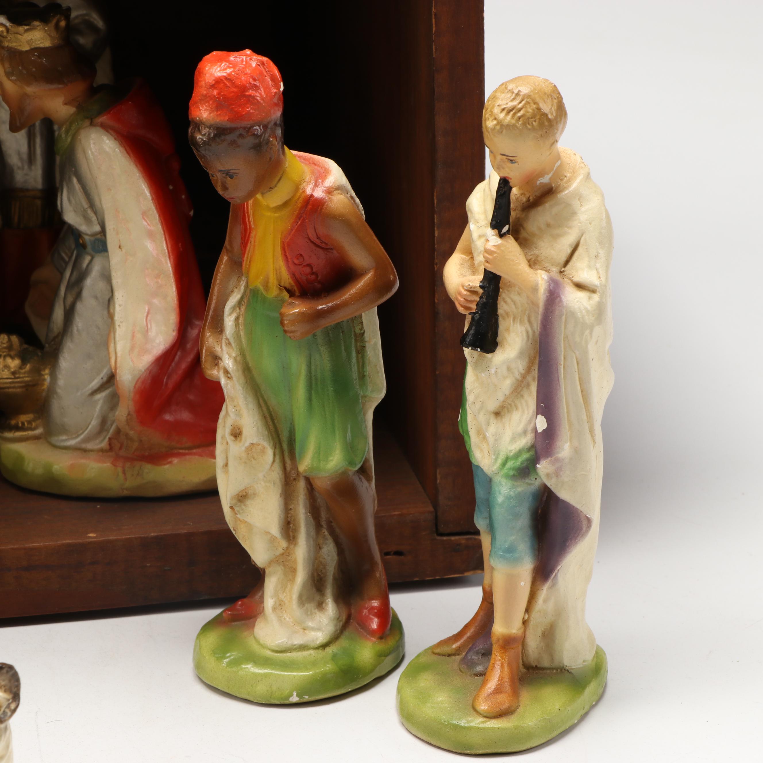 Painted Ceramic Full Nativity Scene with Wooden Stable
