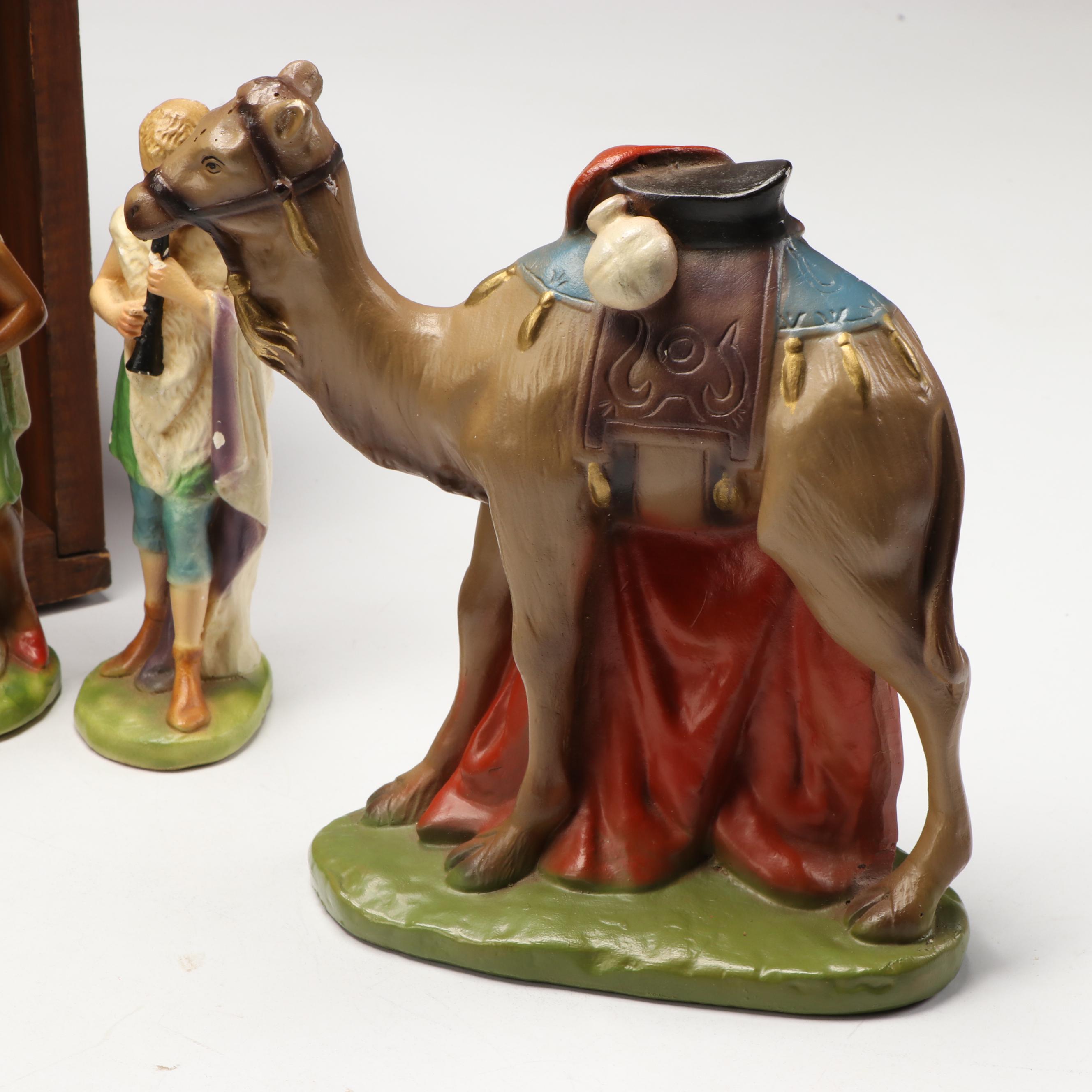 Painted Ceramic Full Nativity Scene with Wooden Stable