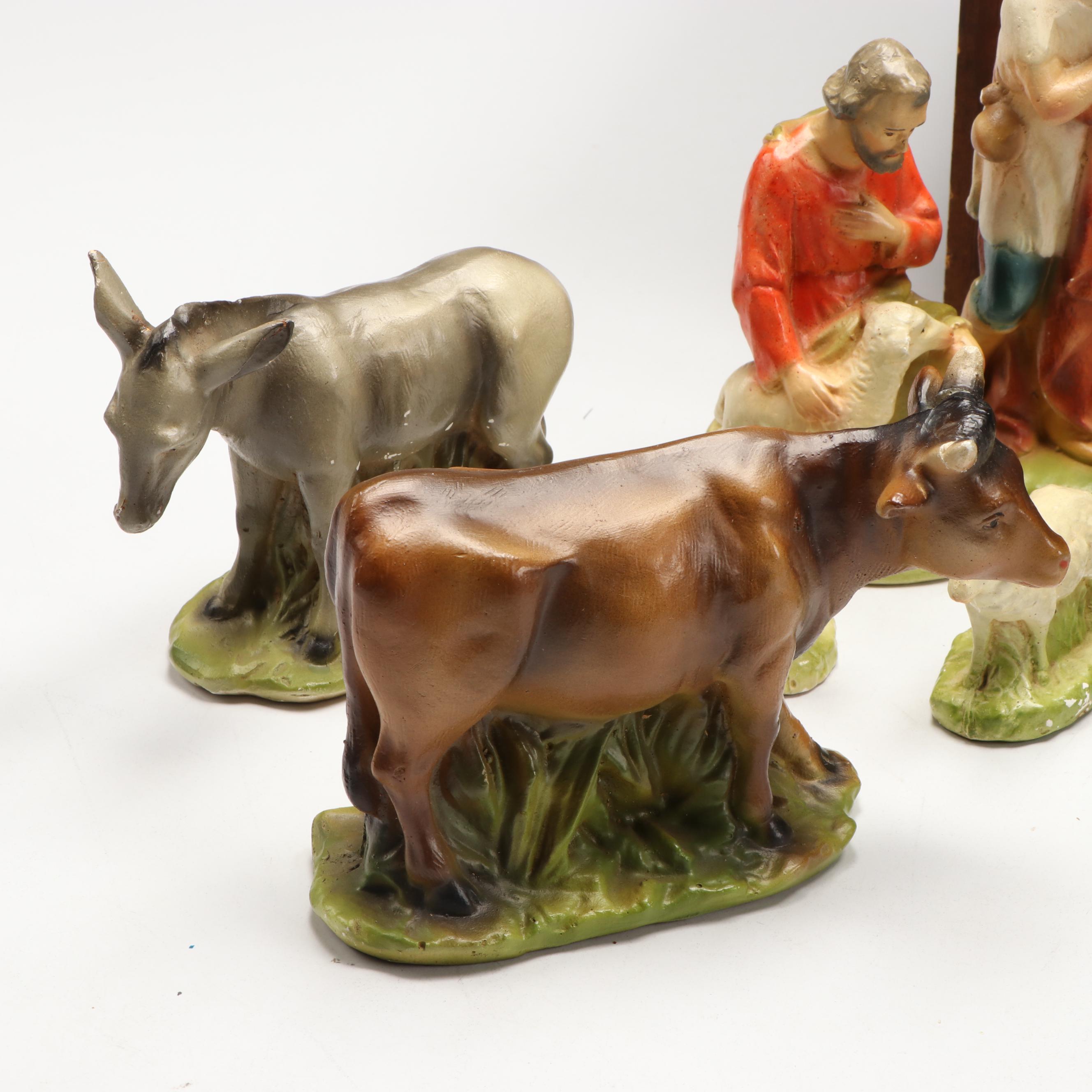 Painted Ceramic Full Nativity Scene with Wooden Stable