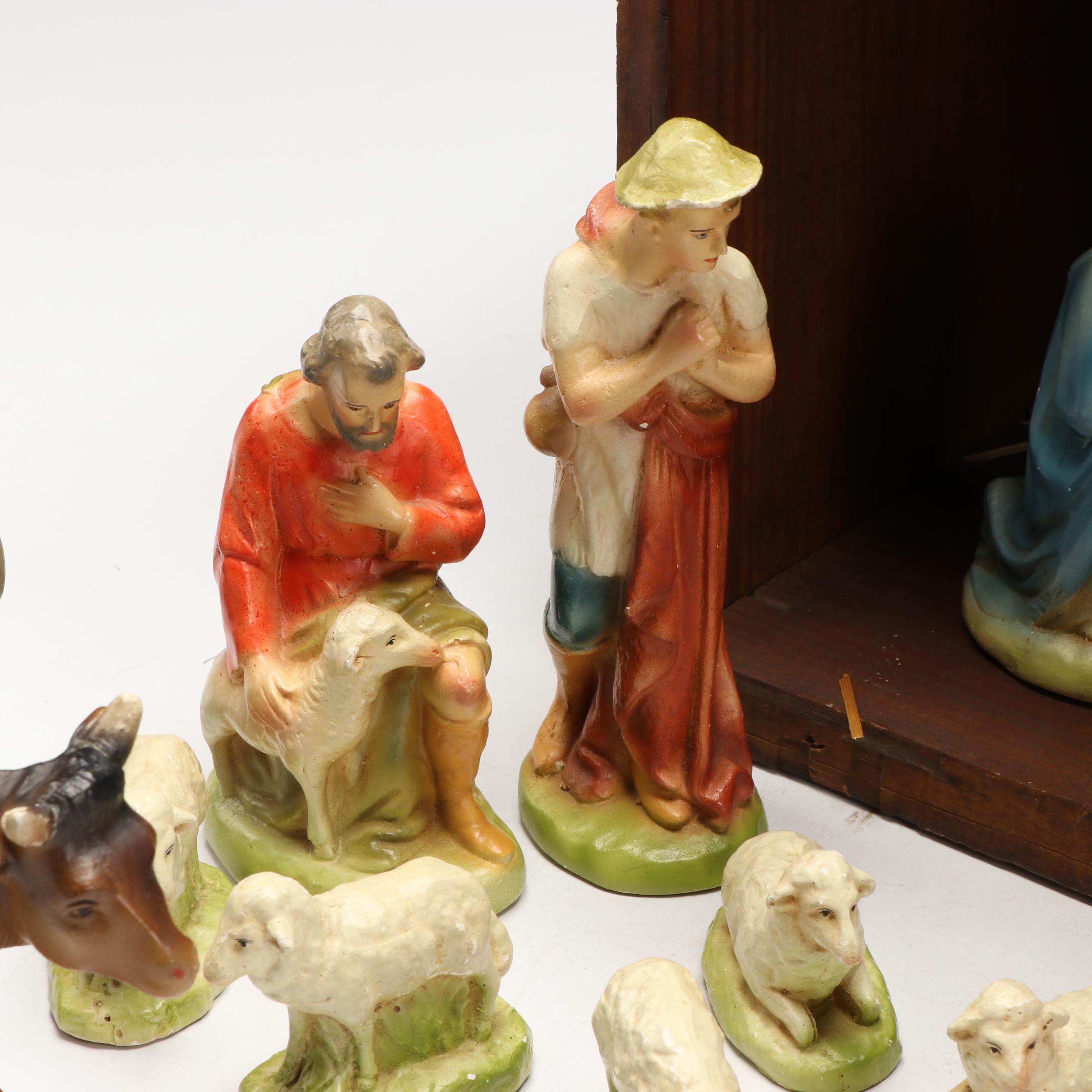 Painted Ceramic Full Nativity Scene with Wooden Stable
