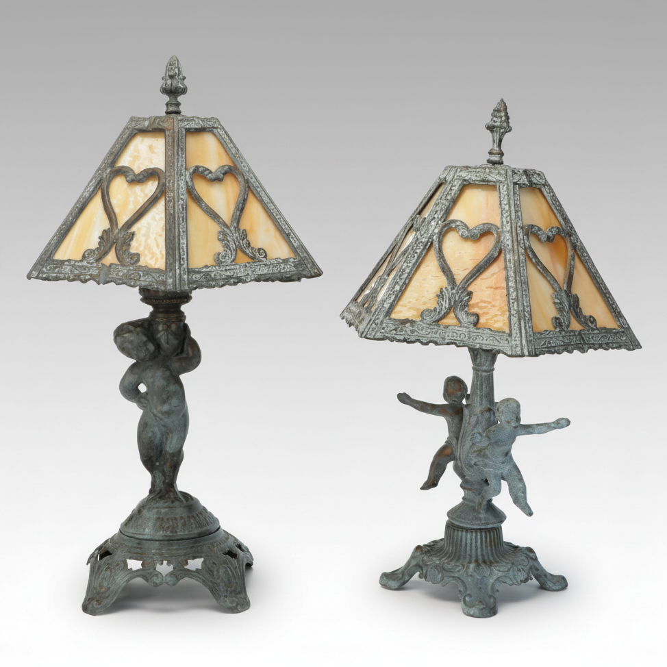 Verdigris Bronzed Metal Putti Figural Lamps with Spelter Panel Shades