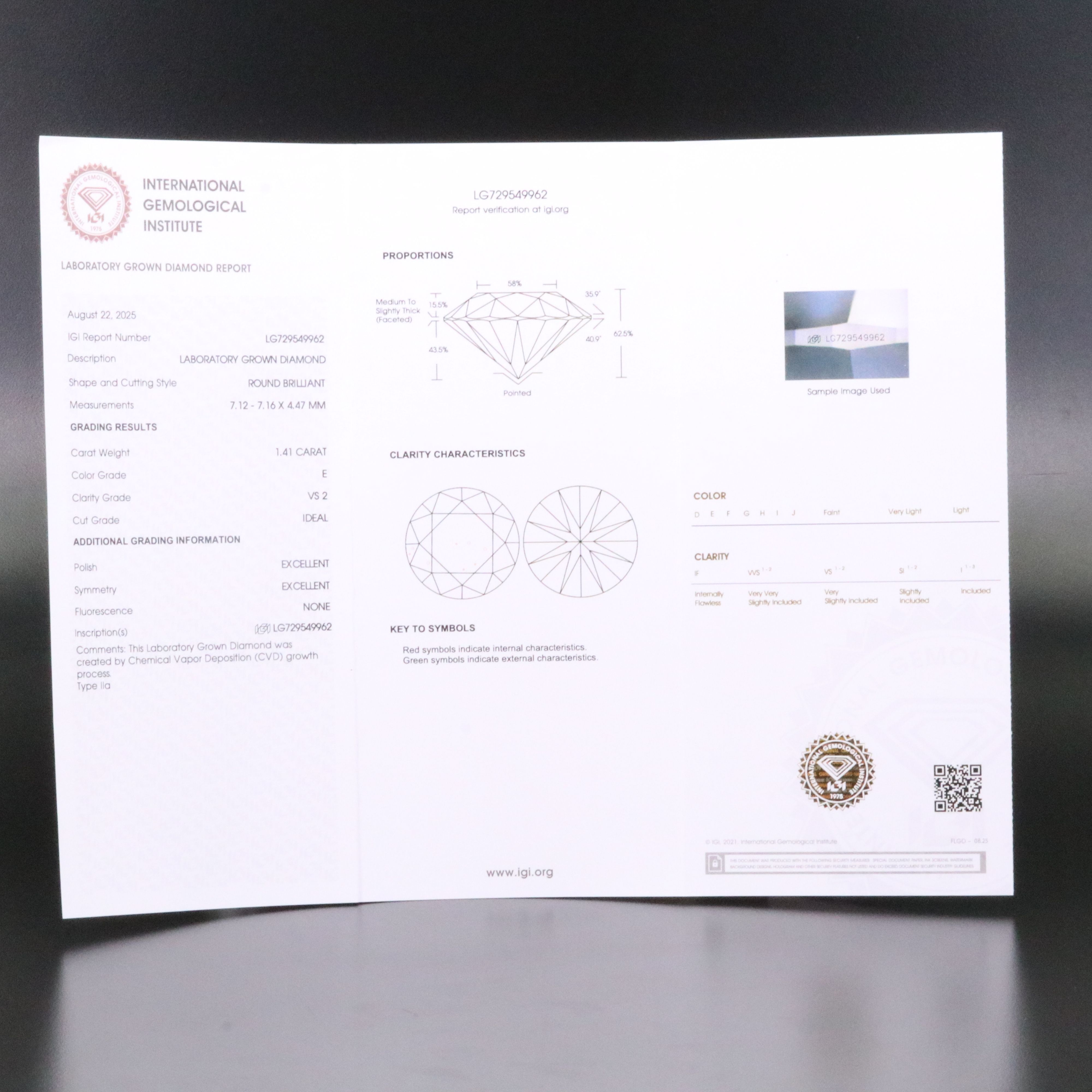 Loose 1.41 CT Lab Grown Diamond with IGI Report