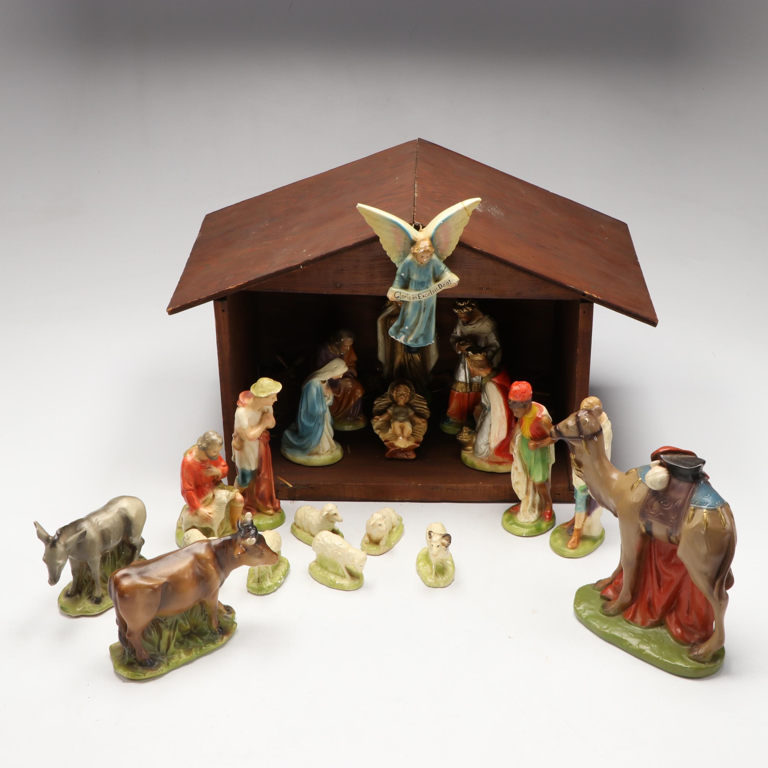 Painted Ceramic Full Nativity Scene with Wooden Stable