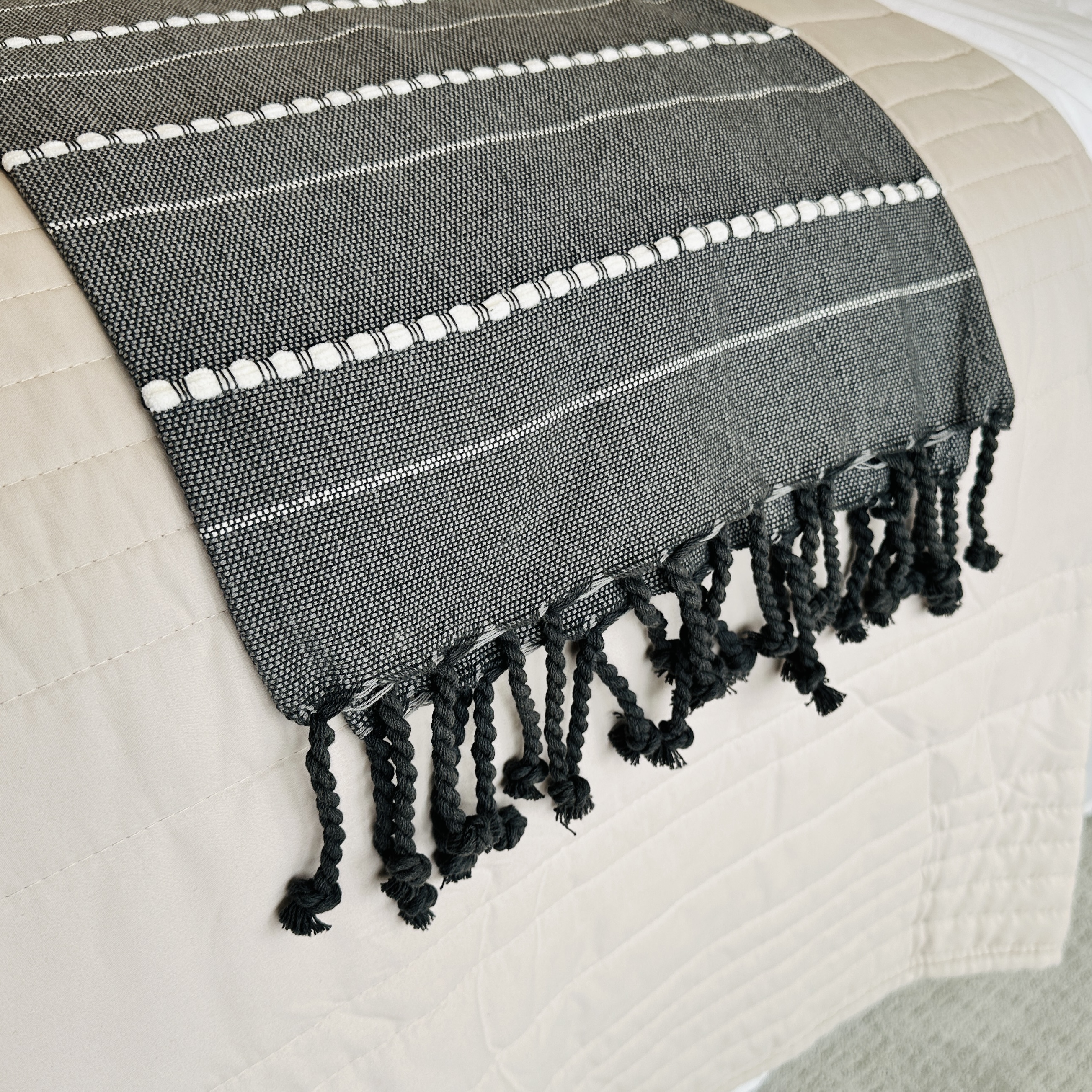 Modernist Style Ebonized Wood Queen Size Bed with Bedding