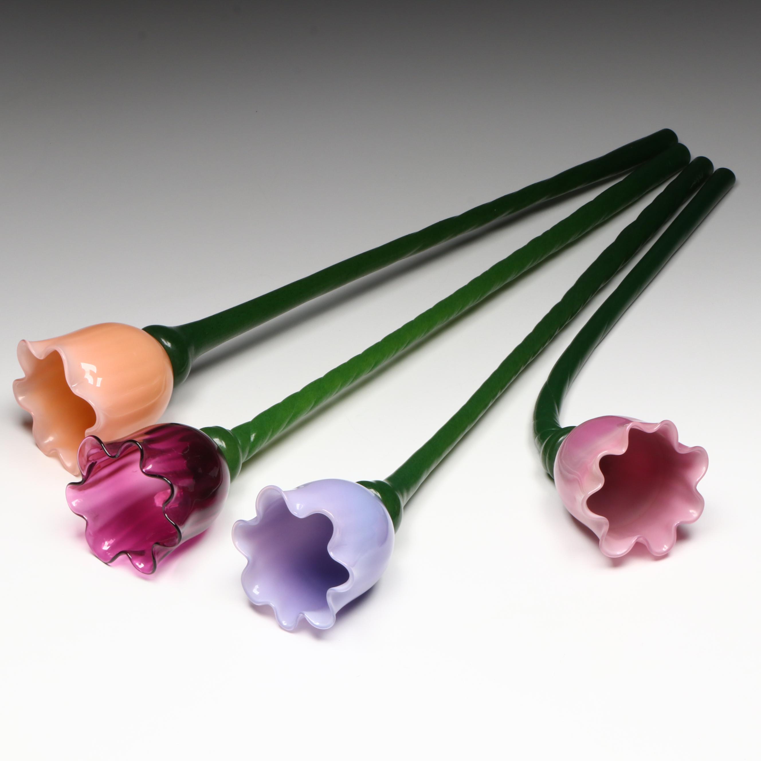 Signed Blown Art Glass Long Stem Flowers