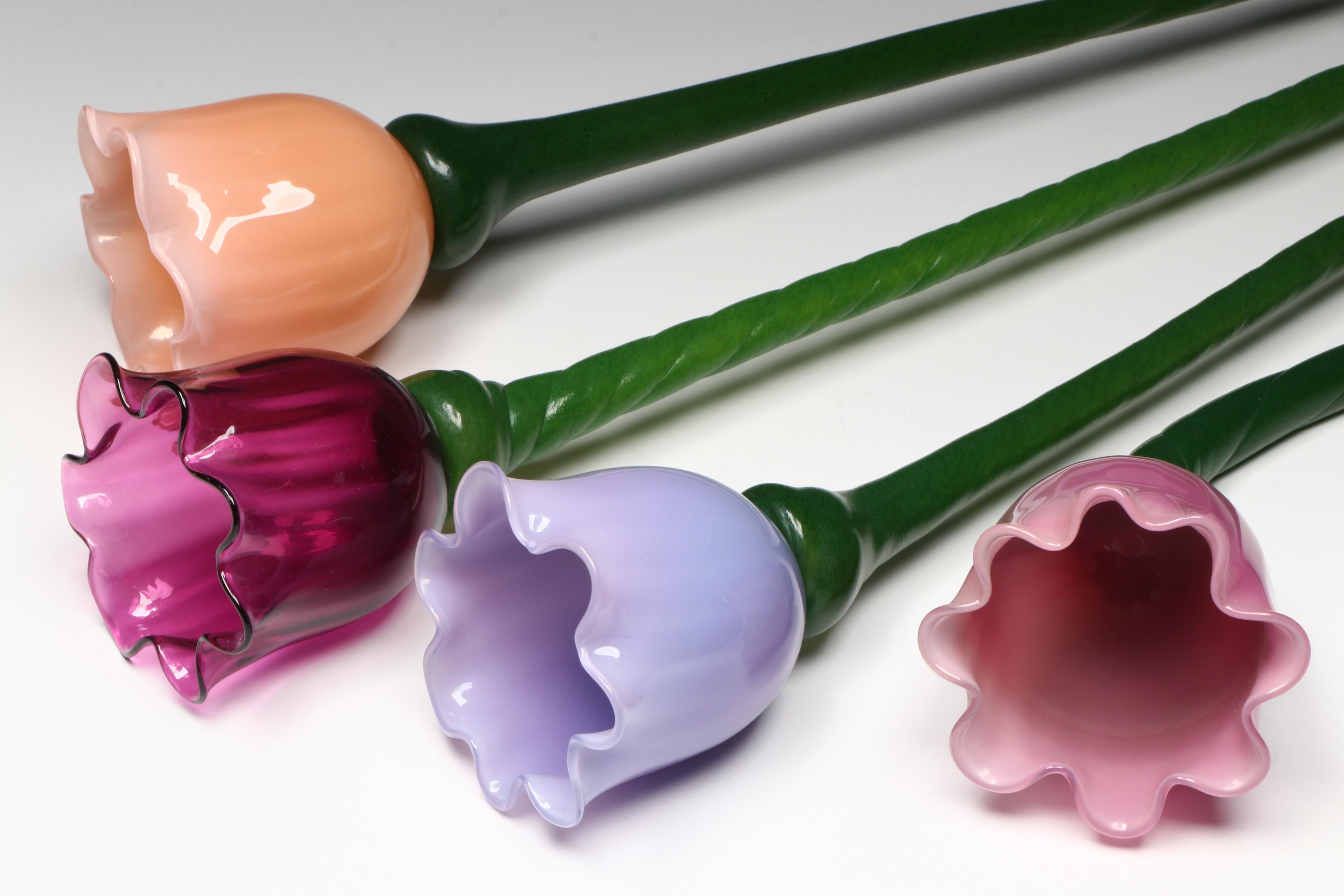 Signed Blown Art Glass Long Stem Flowers