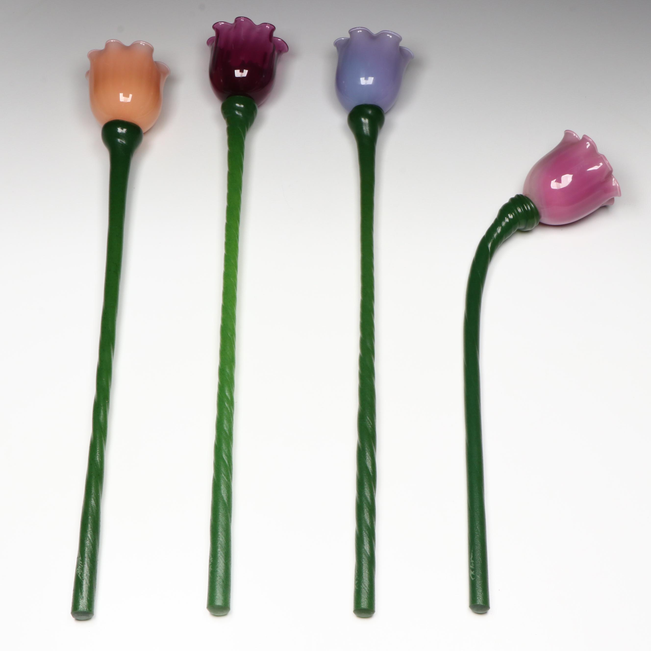 Signed Blown Art Glass Long Stem Flowers