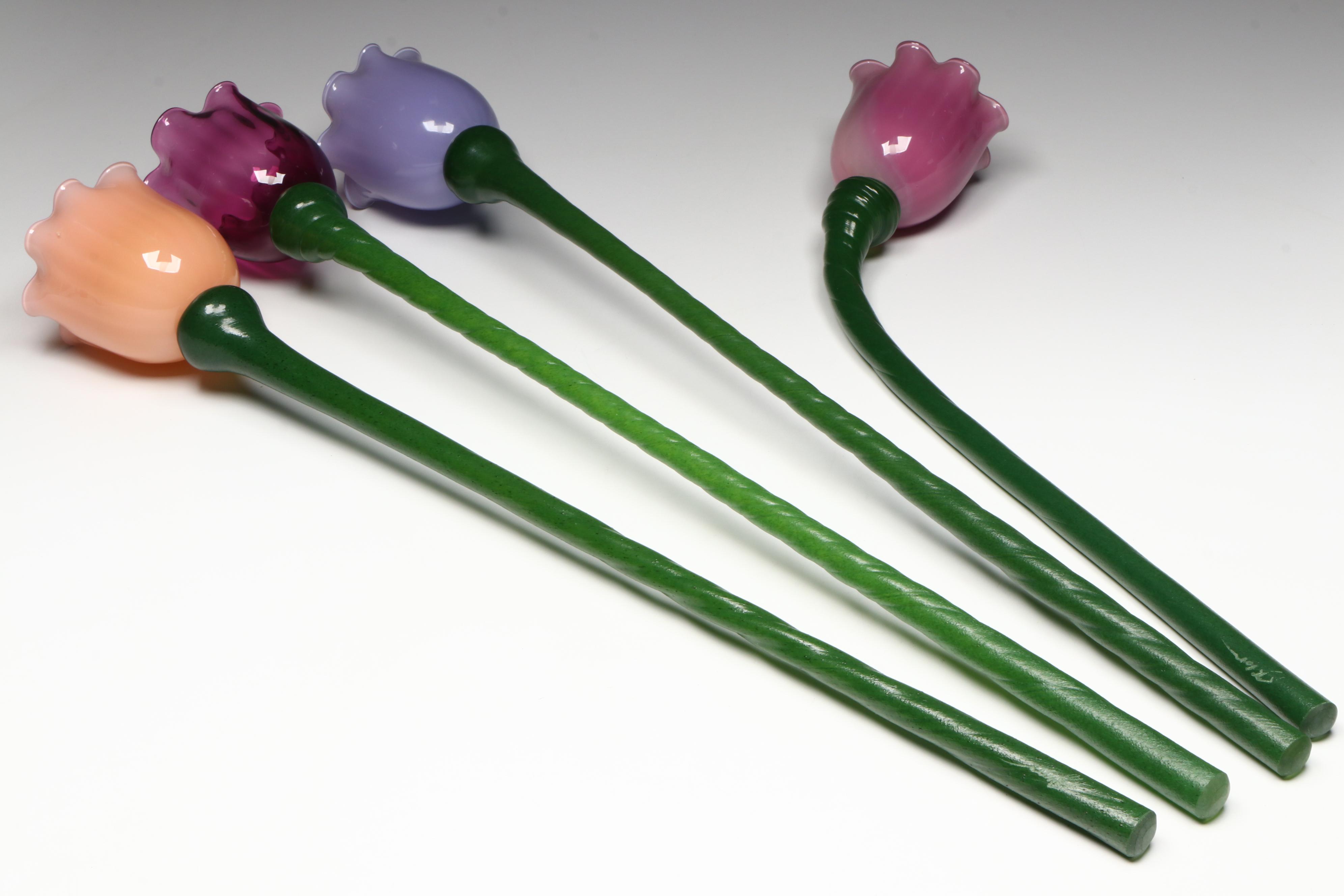 Signed Blown Art Glass Long Stem Flowers