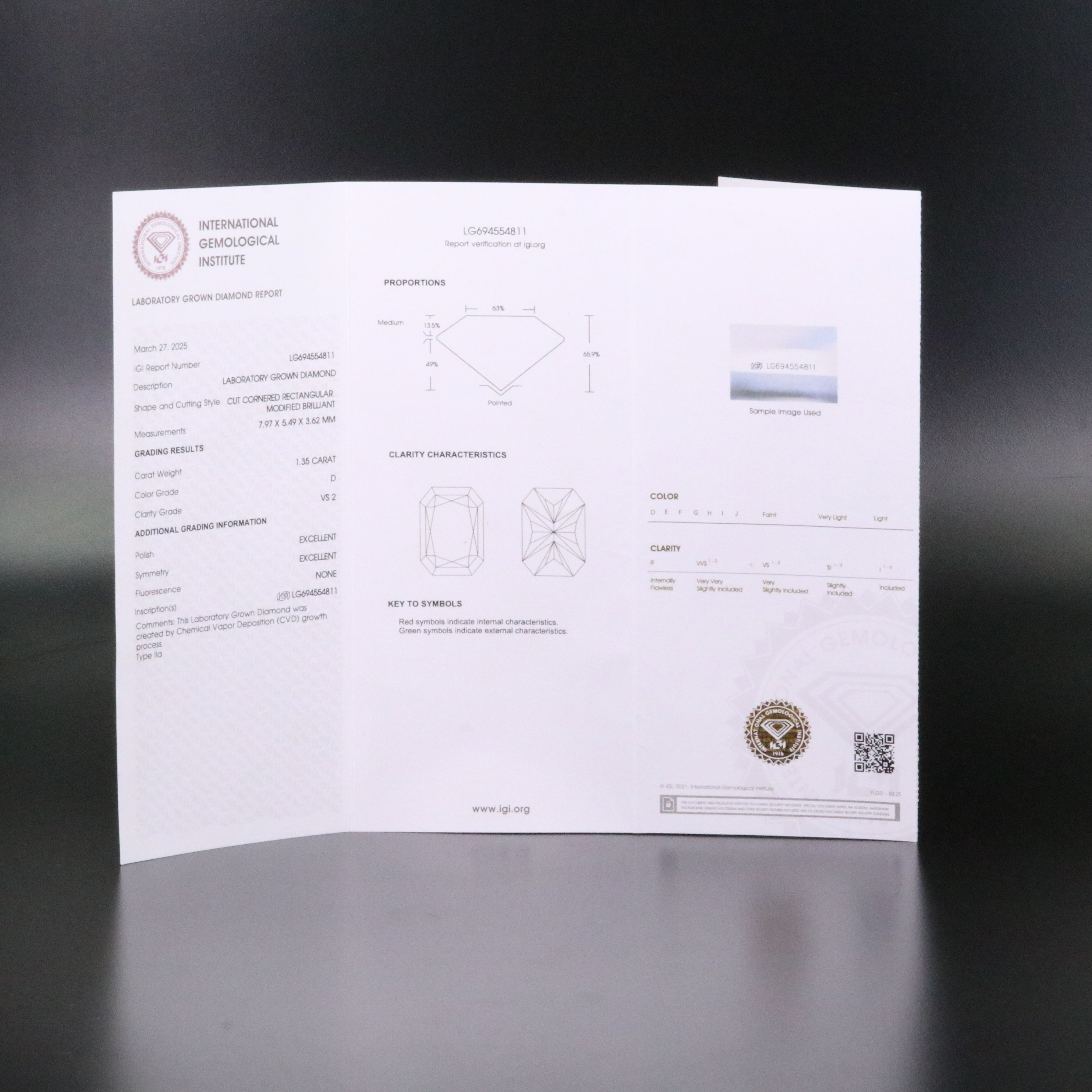 Loose 1.35 CT Lab Grown Diamond with IGI Report